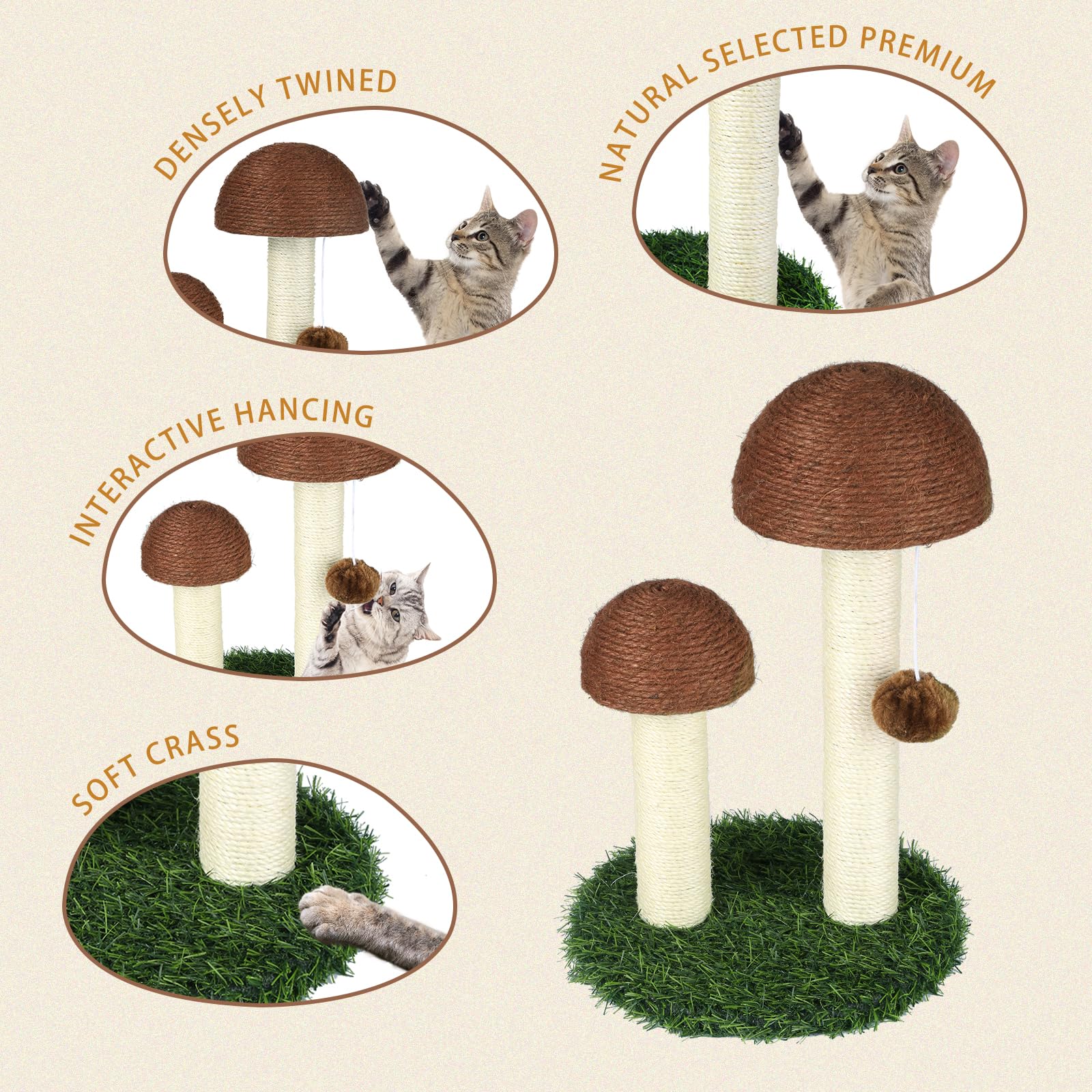Arbre a Chat Fleur avec Gros Griffoir, Griffoir Chat Poteau Sisal à Griffer en Forme de Champignon pour Chaton Marron 47cm-30 * 30 * 47cm