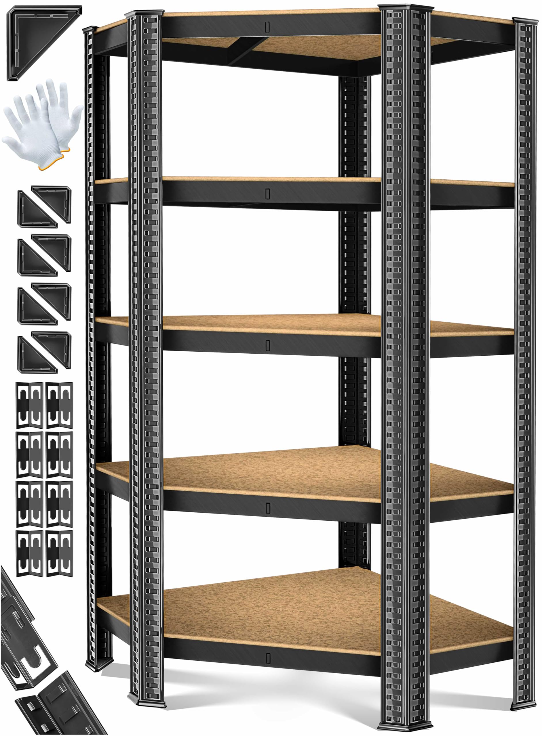 MASKO® Scaffale Angolare, Scaffale di Stoccaggio, per Carichi Pesanti, 180x75x40cm, fino a 875 kg, 5 Ripiani Regolabili, MDF in Metallo, Nero