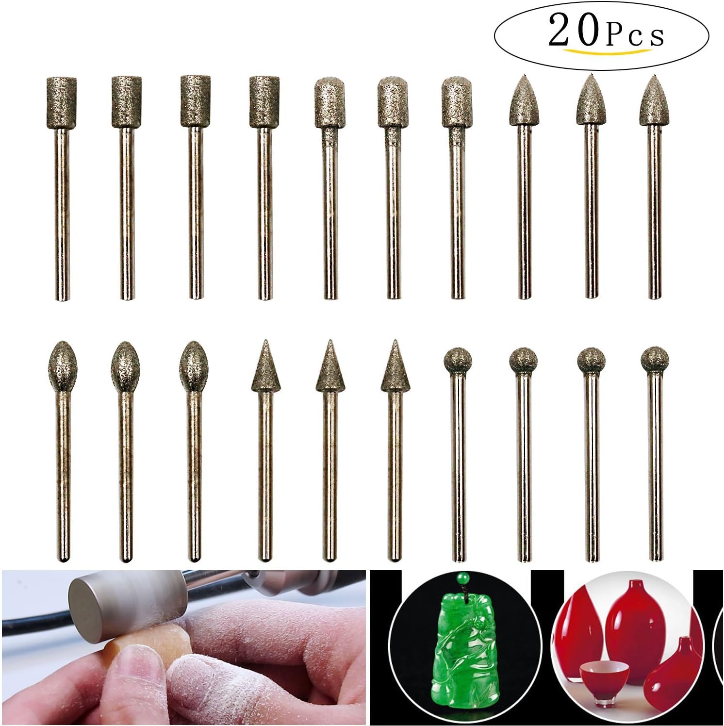Tanjin 20Pcs 1/8 inch Shank Diamond Burr Set,Rotary Grinding Burrs Drill Bits Glass Gemstone Metal Polishing Accessories