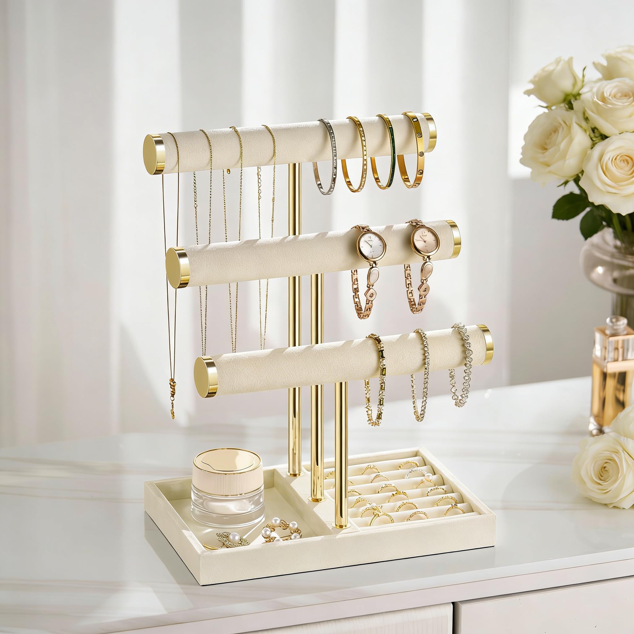 Josmimic Organizador de Joyas 3 Niveles - Grande Expositor Beige para Pulseras, Expositor con Barra en T Extraíble, Soporte de Terciopelo para Pulseras, Collares, Relojes y Anillos