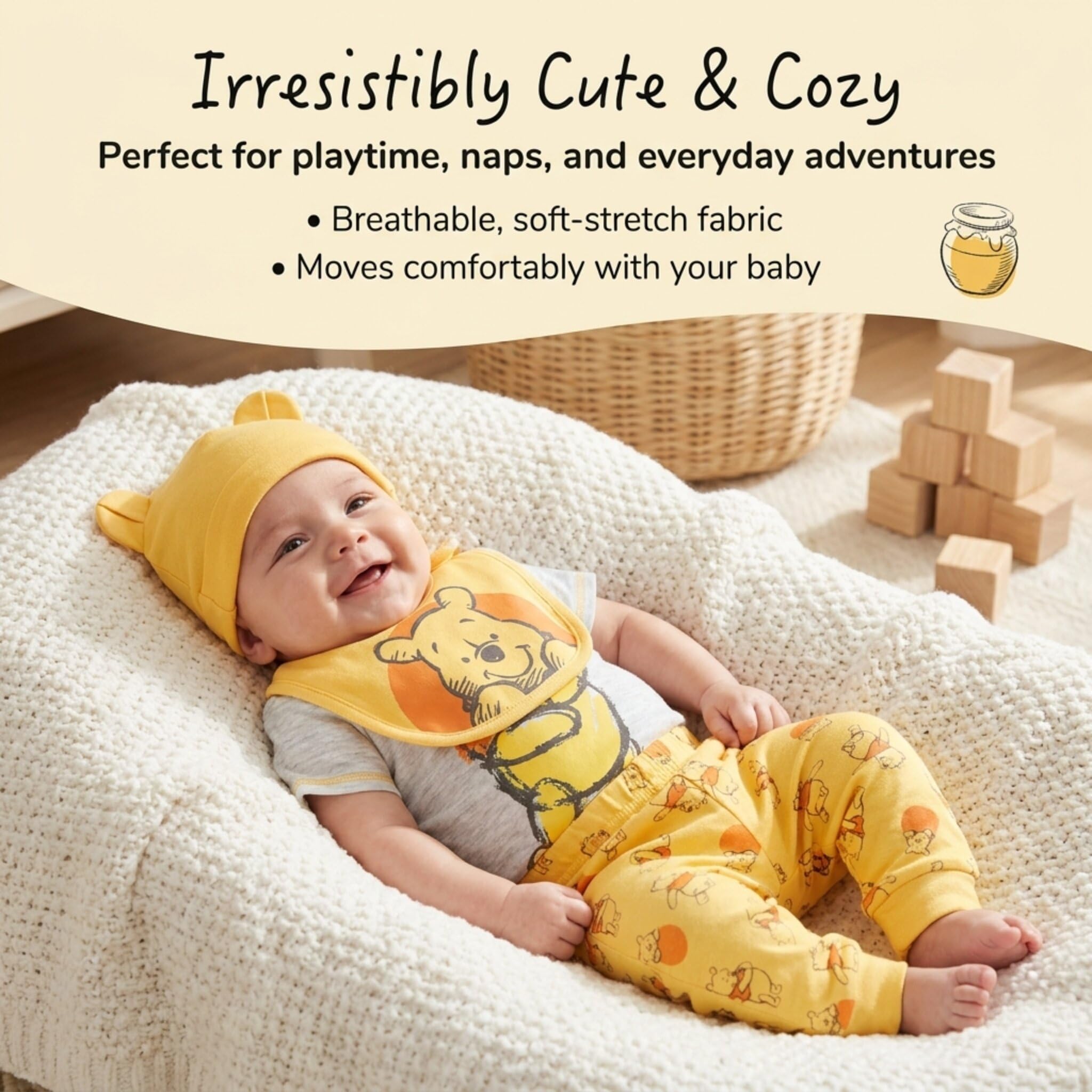 Disney Winnie Puuh Baby-Body, Hose, Lätzchen und Mütze, 4-teiliges Outfit-Set, Neugeborene bis Säuglinge