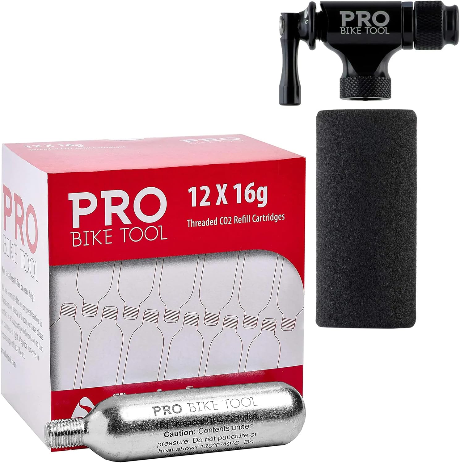 Pro Bike Tool CO2 Inflator & 16g Threaded CO2 Cartridges