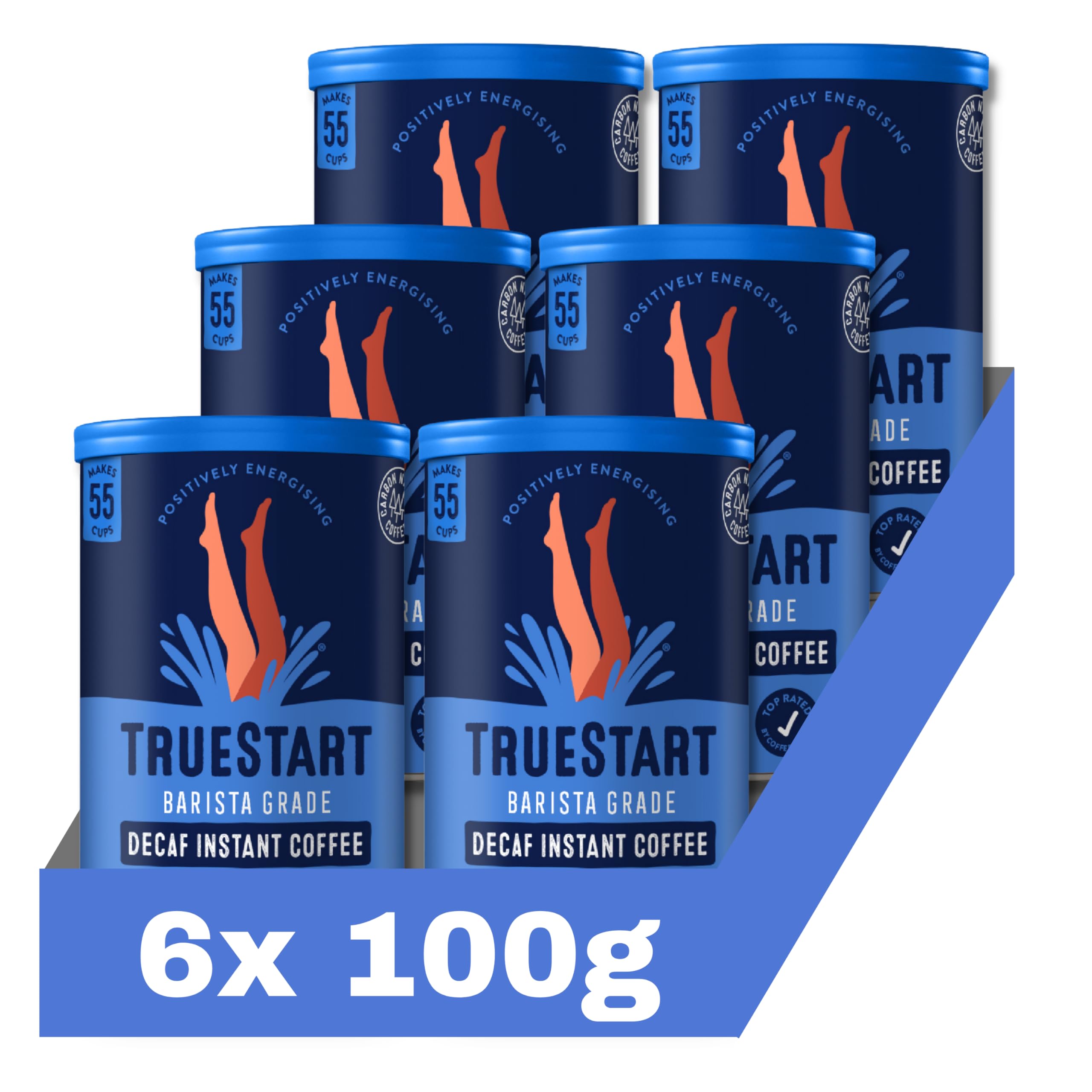 TrueStart Instant Coffee – Barista Grade Decaf, Smooth Medium Roast, Full Flavour Premium Freeze Dried - 100% Brazilian Arabica - Mycotoxin-Free & Antioxidant Rich Coffee - 100g, 6 Pack, 330 Cups