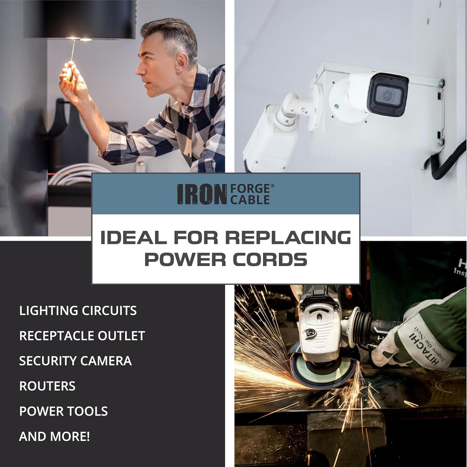 Iron Forge Cable Flat Plug 10 Gauge Power Cord Replacement - 10ft,15 Amp Black Heavy Duty, 10/3 SJT 3 Prong Cable for Appliances & Power Tools