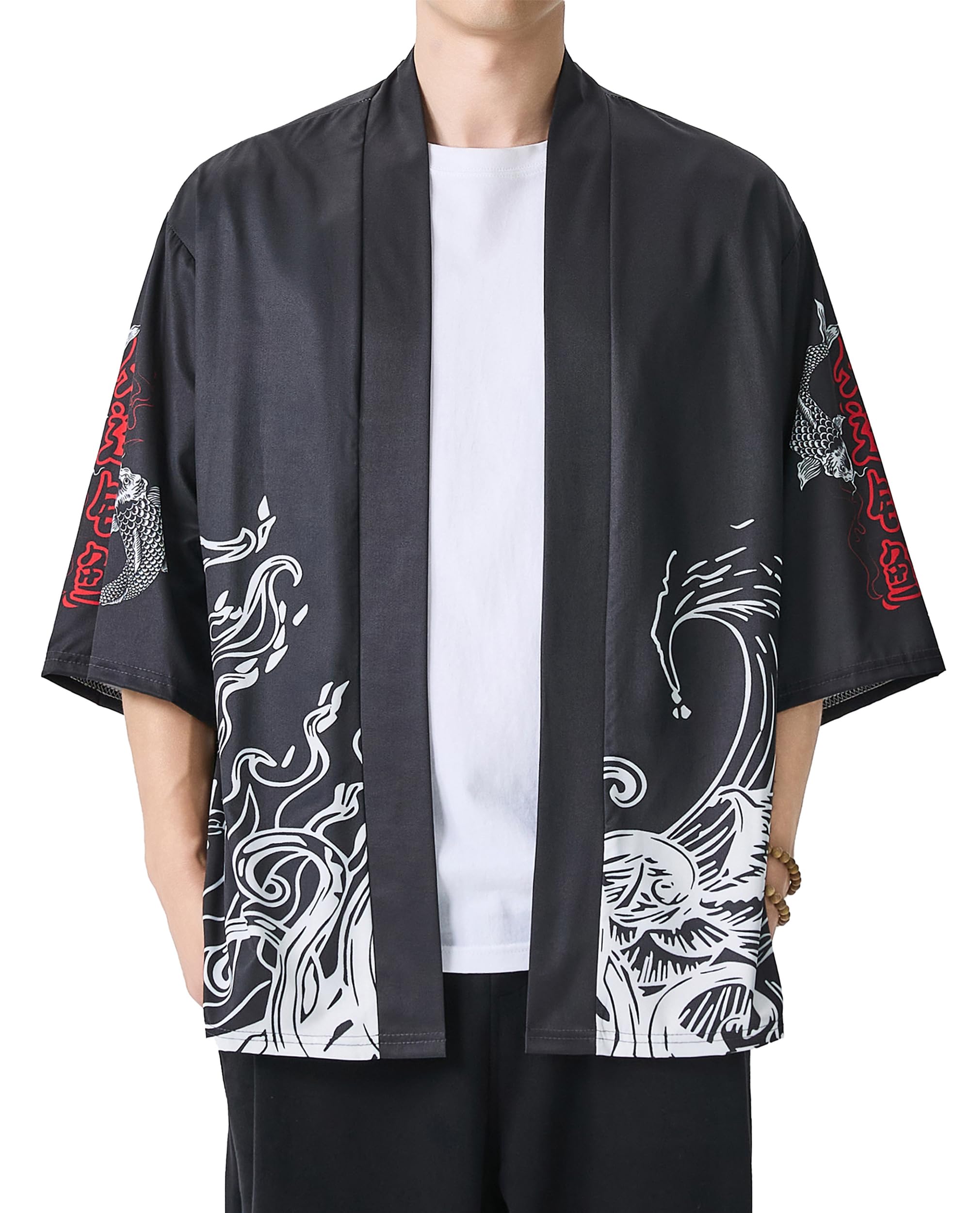 Men's Kimono Jacket Lightweight 3/4 Sleeve Kimono Cardigan Japanese Robe