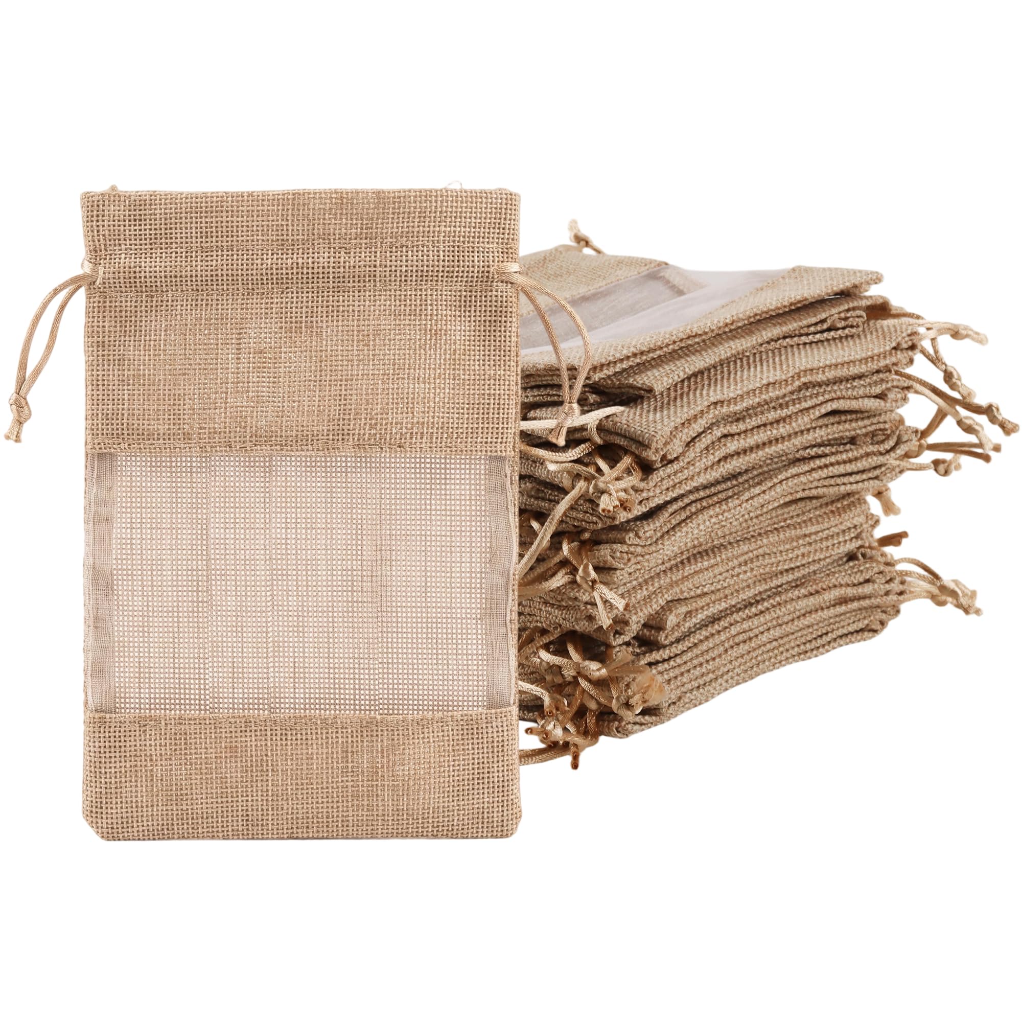 MOUYAT 40 PCS Small Hessian Bags, 13x18 cm Drawstring Hessian Gift Bags with Window, Jute Gift Pouches for Wedding Party Favors, Jewellery, DIY Crafts