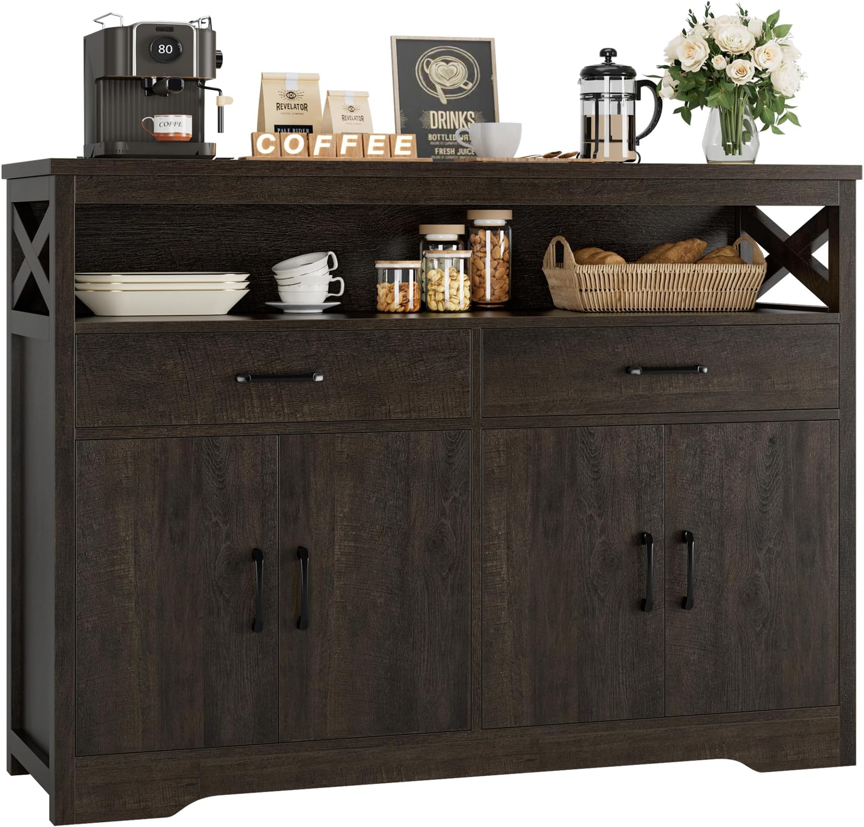 HOSTACK 47" Modern Farmhouse Sideboard Buffet Cabinet, Wood Buffet Storage Cabinet with Drawers & Shelves, Large Coffee Bar Cabinet with Storage, Microwave Stand for Kitchen, Dining Room, Dark Brown