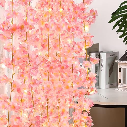 Miniatura 6 de Jutom Guirnalda de flores artificiales de cerezo con cadena de luces colgantes guirnalda de flores rosas para primavera hogar dormitorio boda fiesta