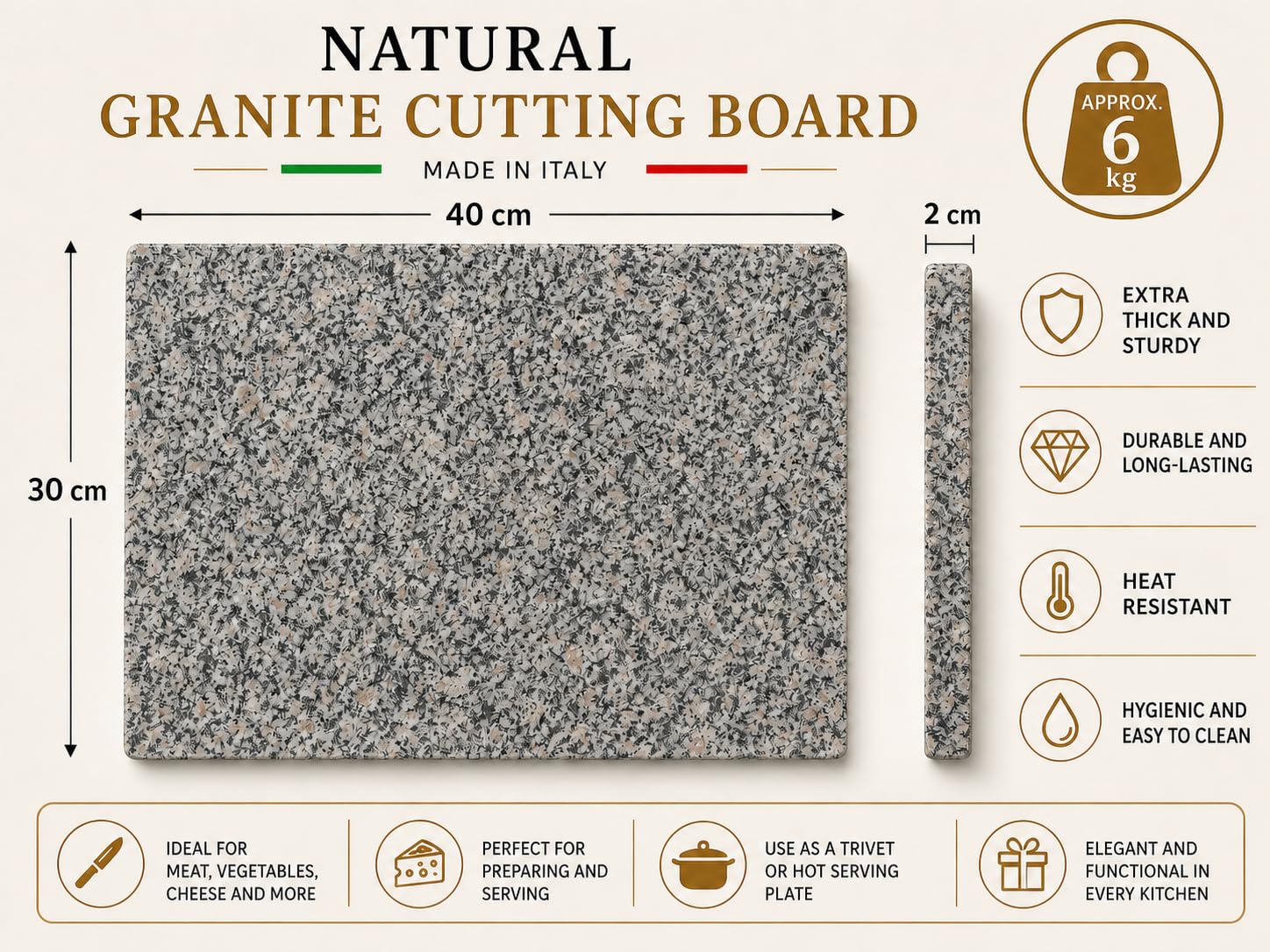 KALU Creations Deska do krojenia z naturalnego granitu różowego beta 40 x 30 x 2 cm – kamienny blat kuchenny, taca do serwowania – Made in Italy