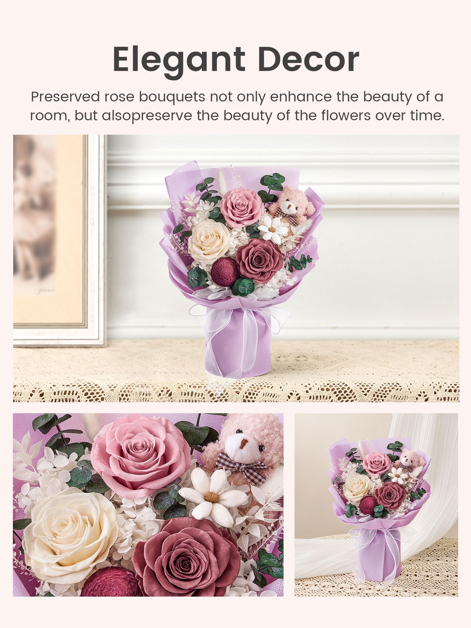 Ramo de flores preservadas de 3 piezas con caja de regalo de oso para esposa, madre, día de San Valentín, día de la madre, aniversario, cumpleaños (morado)