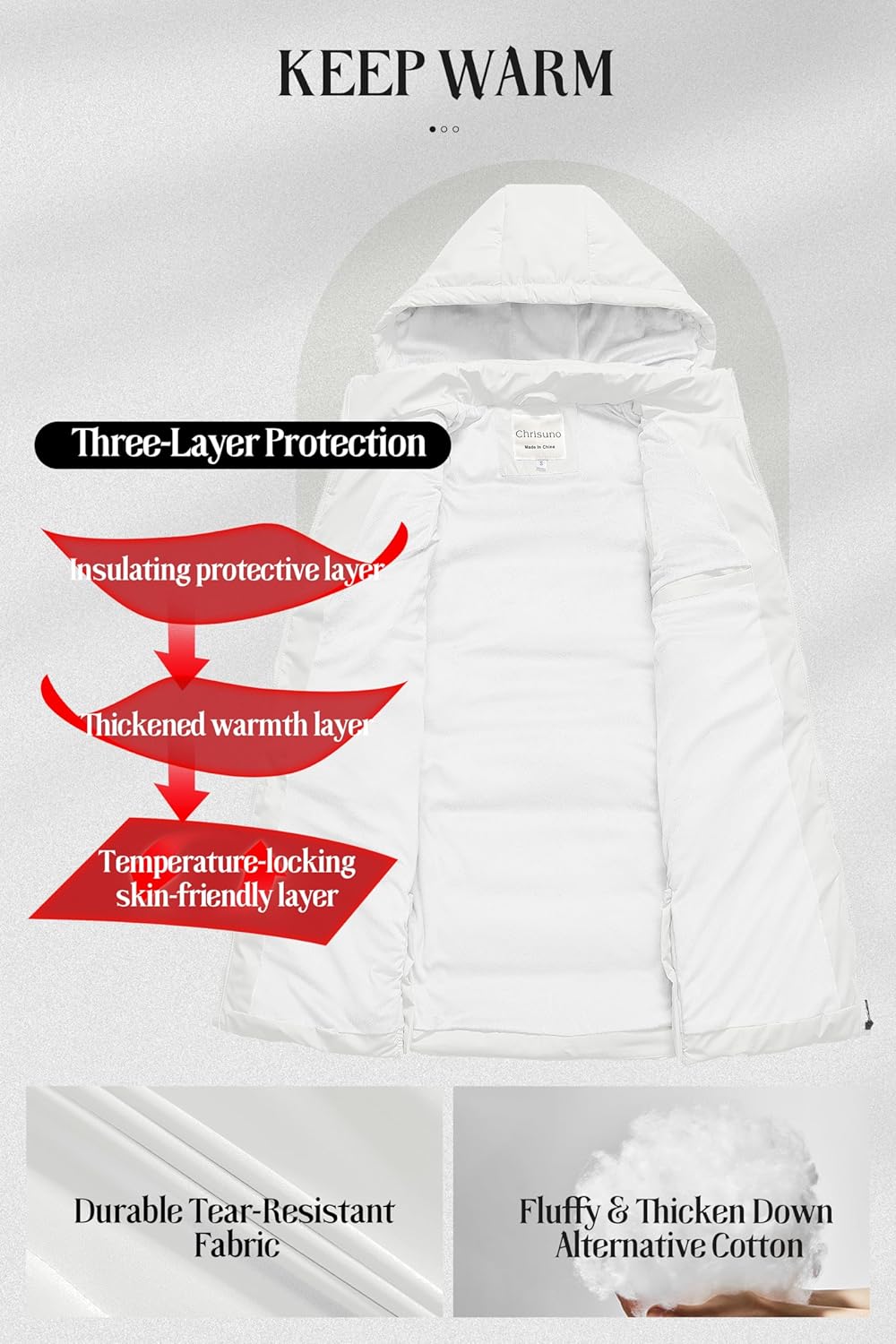 Chrisuno Women's Long Warm Puffer Vest Fleece Sleeveless Vests Waterproof Outerwear With Removable Hood - Image 4