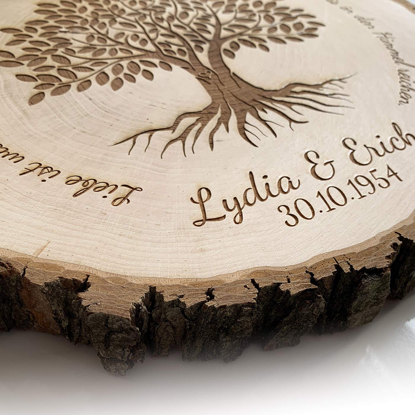 SNEG Baumscheibe 24–27 cm mit Lebensbaum-Motiv & Gravur – personalisierte Rindenscheibe aus Erlenholz – Geschenk zur Hochzeit, zum Jahrestag oder als Dekoschild