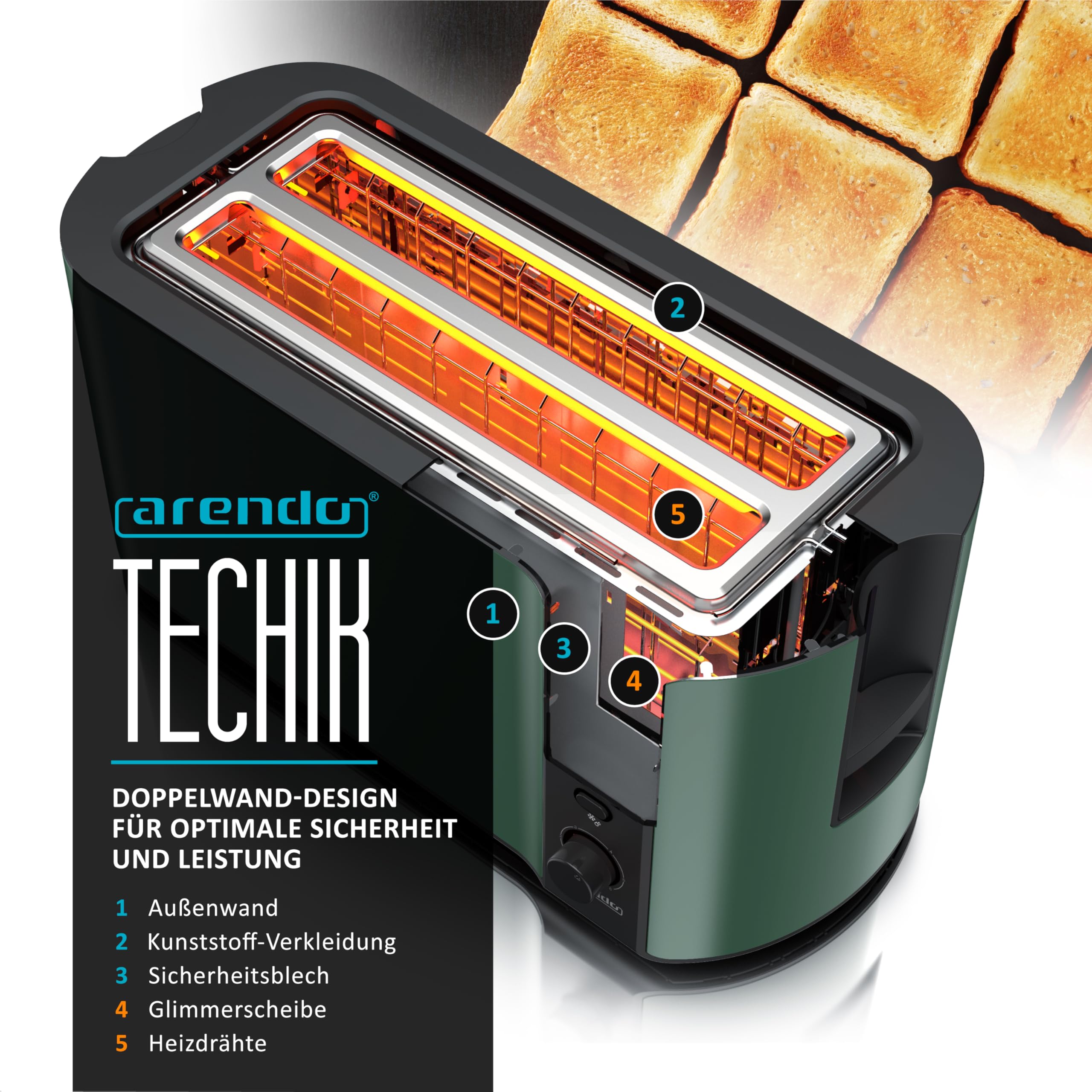 Arendo - Edelstahl Toaster Langschlitz 4 Scheiben - Defrost Funktion - wärmeisolierendes Gehäuse - mit integrierten Brötchenaufsatz - 1500W - Krümelschublade - Display mit Restzeitanzeige