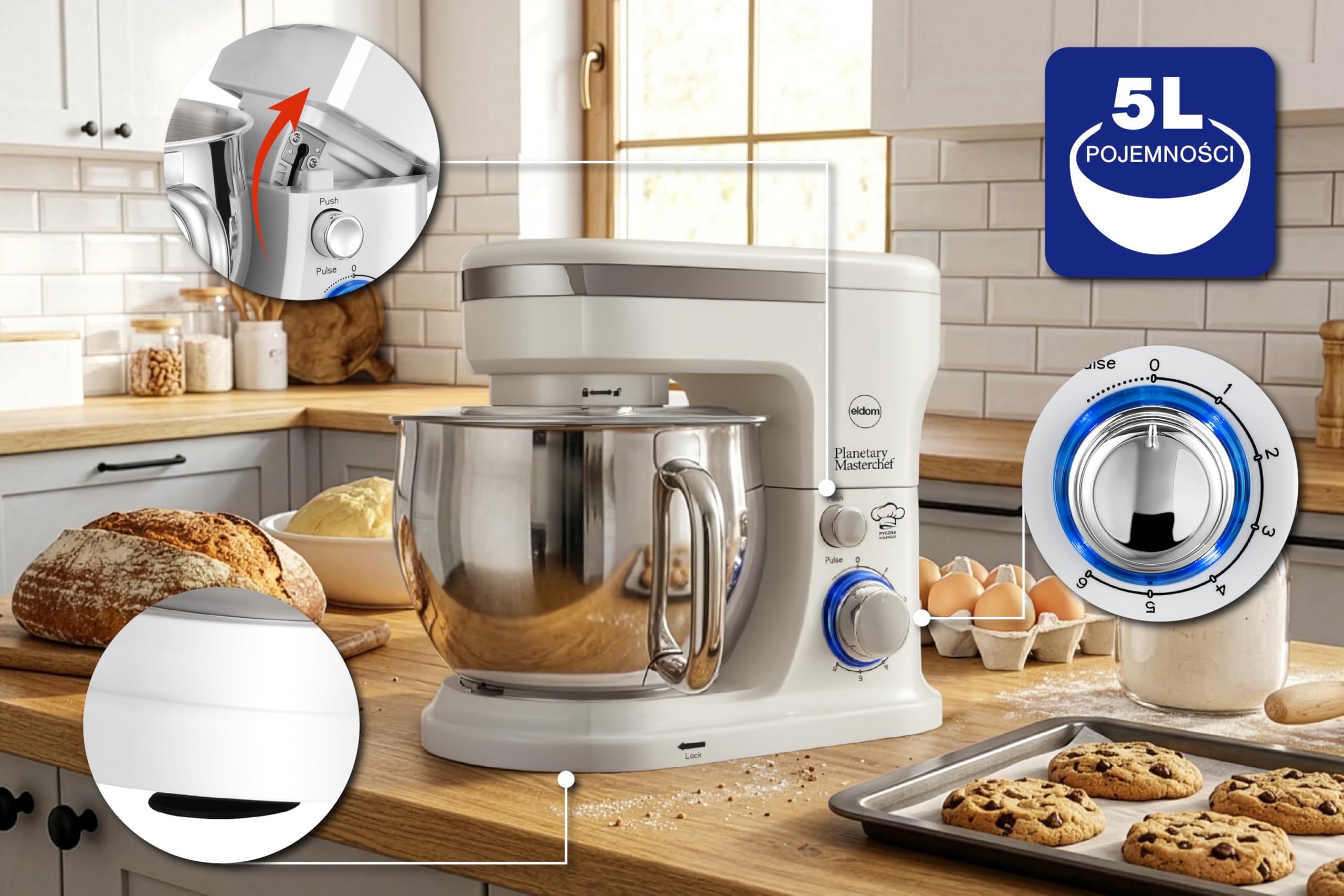 Robot de cocina 1300 W, batidora planetaria de 5 L, 6 velocidades + pulso, engranaje de metal, máquina de amasar con gancho para amasar, batidor y gancho para mezclar, color blanco WRK1300 Eldom