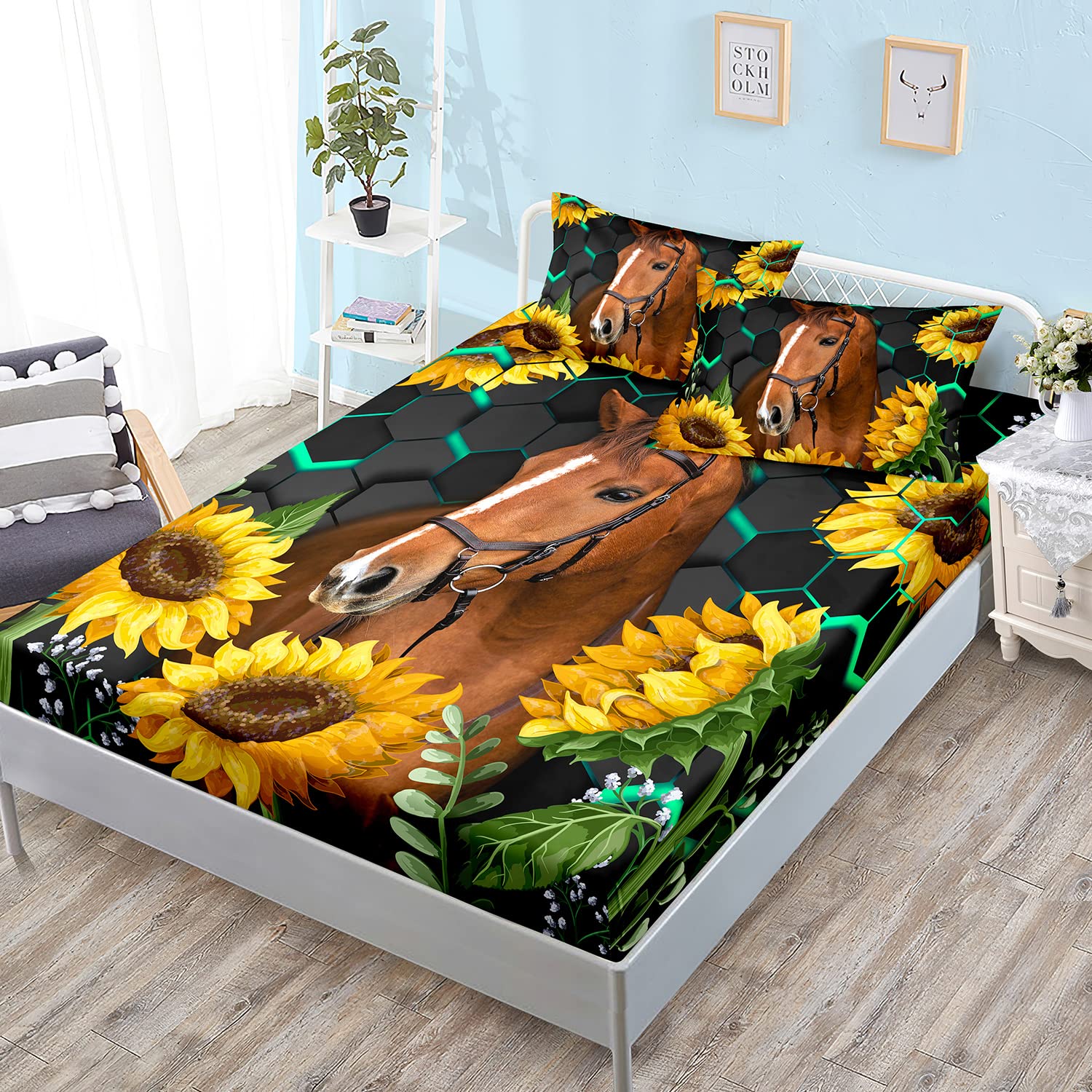 HOSIMA Horse Fitted Sheet,Sunflower and Horse Bedding,Green Leaves Flowers Animal Pattern,Soft Decorative Fabric Bedding All-Round Elastic Pocket,Full Size Fitted Sheet for Boys and Girls.