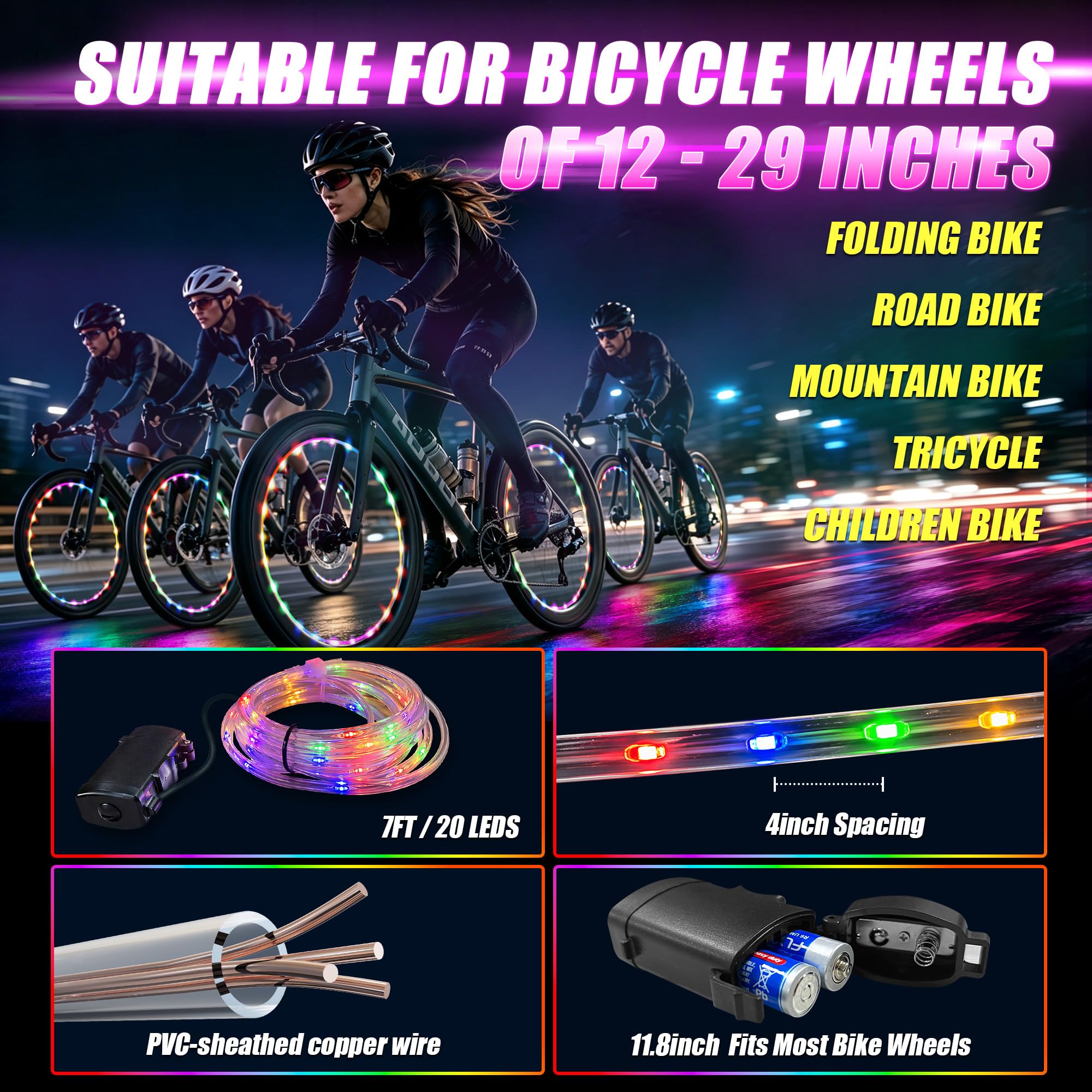 Lot de 2 lumières LED pour roue de vélo pour conduite de nuit | Lot de 2 guirlandes lumineuses LED avec fil de cuivre étanche IP65 pour visibilité nocturne