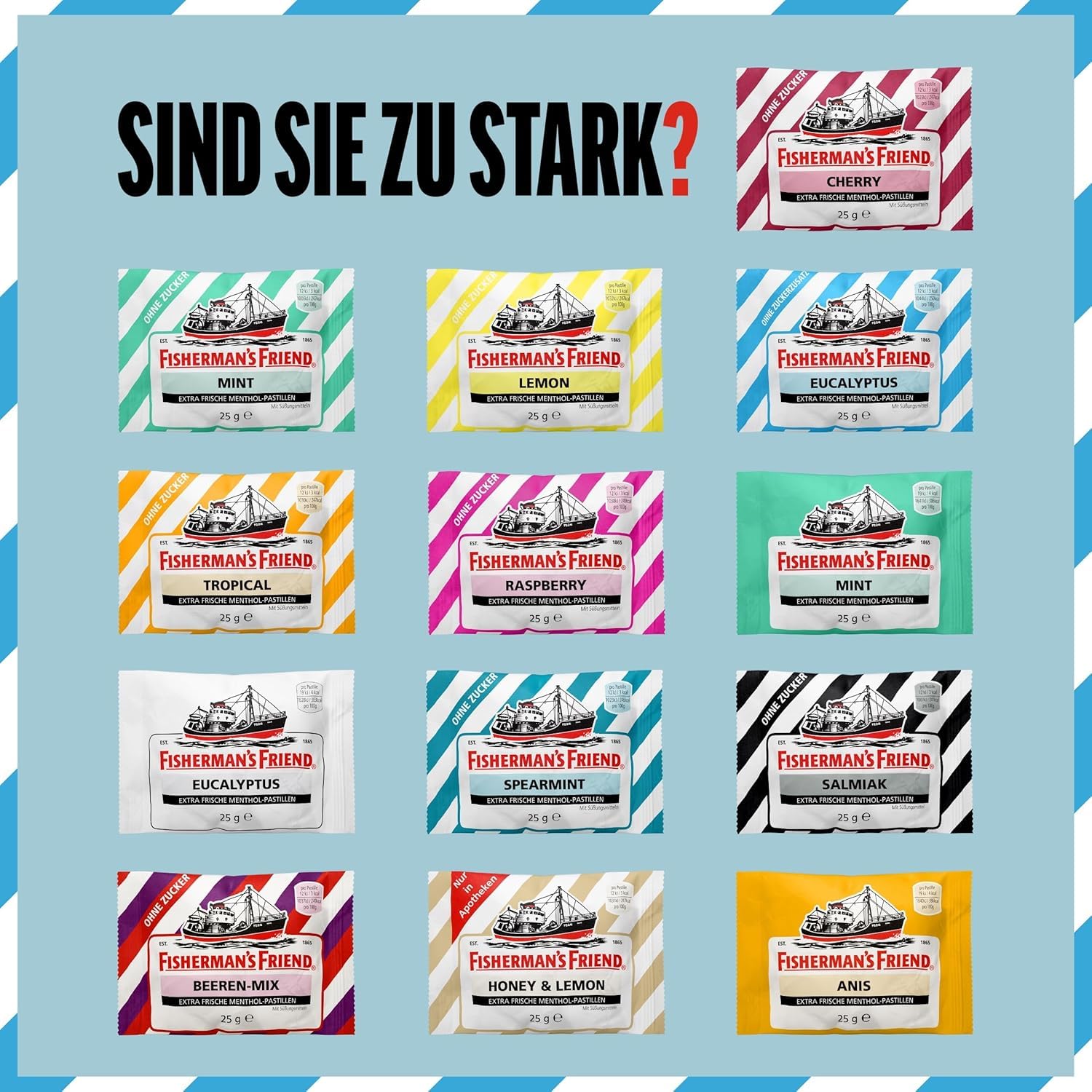Fisherman's Friend Eucalyptus, 24er Vorratsbox, Eukalyptus und Menthol Geschmack, ohne Zuckerzusatz & vegan, Bonbons für frischen Atem, 24 x 25g