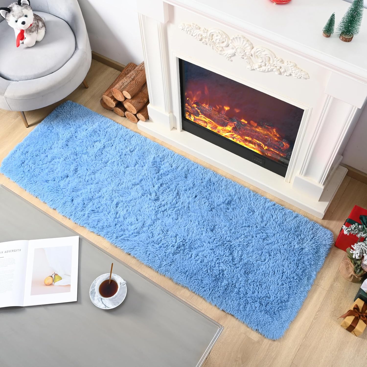 Keeko Blue Runner Rugs for Bedroom Kids Room, 2x6 Fluffy Nursery Bedside Rug Shag Cute Indoor Baby Throw Rugs Fuzzy Area Carpet for Teen Boy Kid Girl Child Room Living Room Decor