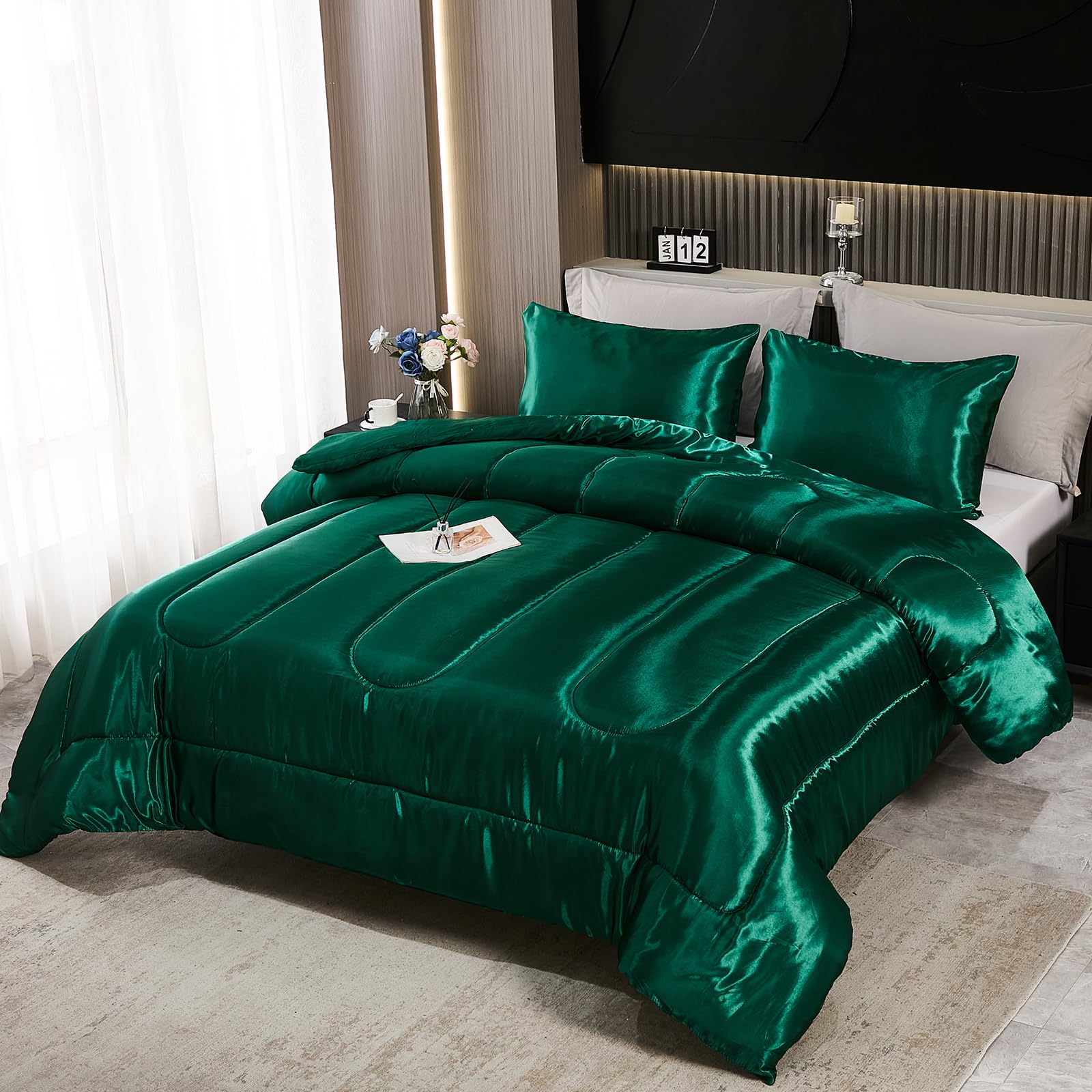 Bedding_Dreamer Satin Comforter Set Queen Size Silk Like Silky Down Comforter Luxury Hotel Silky Bed Home Deocr Blackish Green Bedding Set
