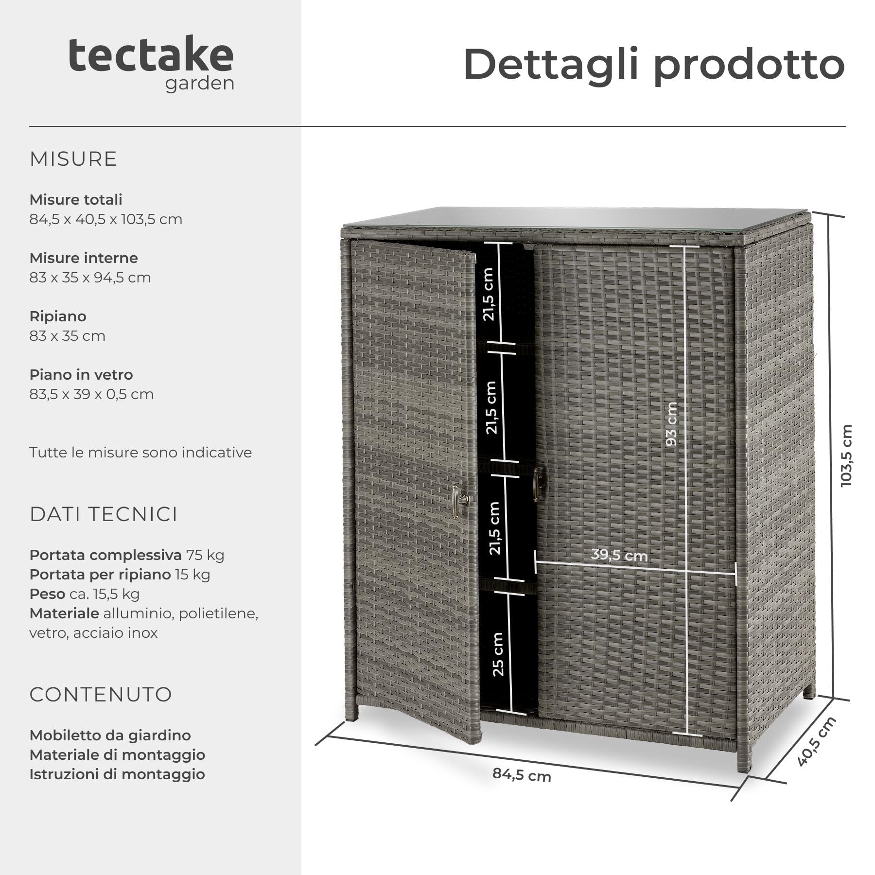Tectake Armadio da Giardino in Rattan 84x40x103 cm 4 Scomparti Grigio