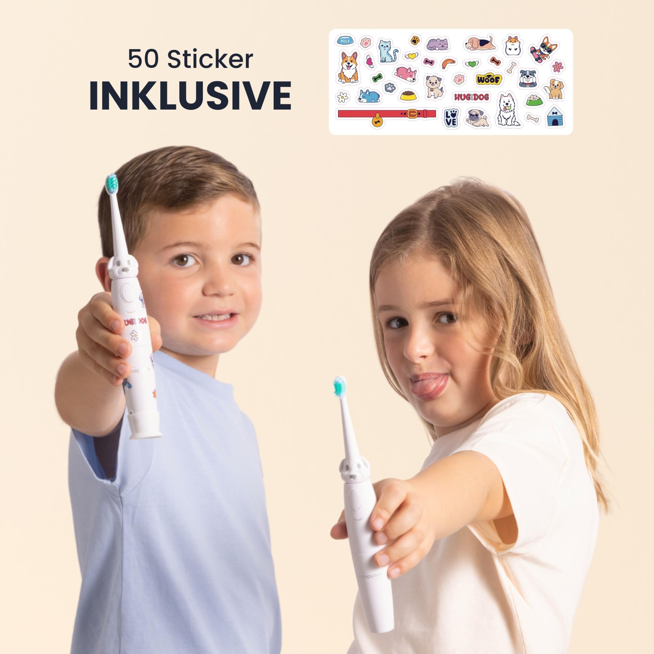 NEOPULSE NEOKIDS® Elektrische Kinderzahnbürste – Schallzahnbürste für Kinder ab 3 Jahren – ultraweiche Borsten – 2 Modi – 2-Minuten-Timer mit 30-Sekunden-Intervall – 1 Monat Akku – inkl. 50 Sticker