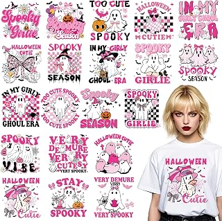 Cute Ghost Iron on Transfers - 20 Sheets Halloween Pink Bow DTF Ready to Press Heat Patches Stickers Spooky Coquette Vinyl Decals for Women Girls T Shirts Clothes Pillow DIY Crafts Appliques