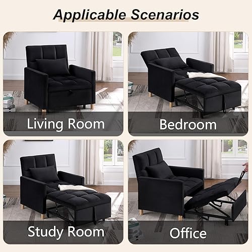 Miniatura 7 de Sofá cama convertible 3 en 1, silla reclinable de tela de terciopelo para interiores con respaldo ajustable y almohada para adultos, sofá extraíble
