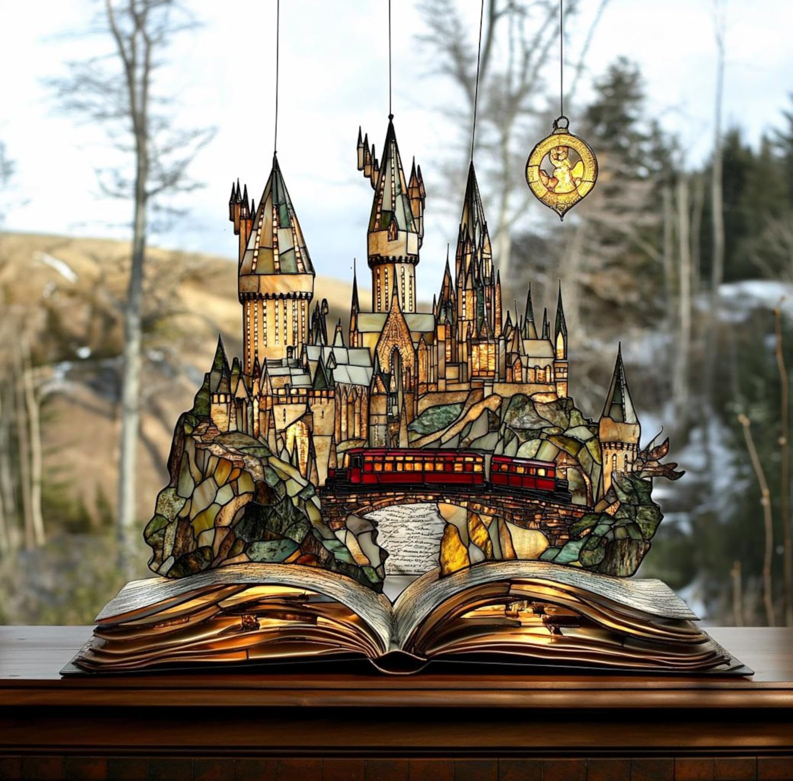 LEEZONE Express Train and Castle Sun Catcher Ornament Wizard School Acrylic Window Hanging Magical Bookish Wall Art Decor Book Lovergift Catchers