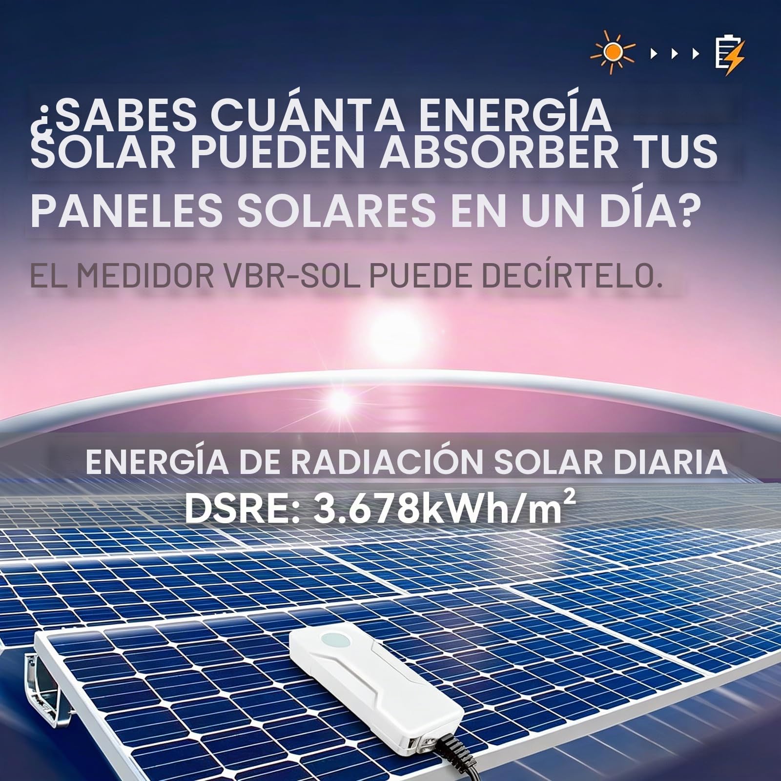 Medidor de Potencia Solar VBR-SOL con Medición del Ángulo del Panel, Hasta 3499 W/m², Registro Diario de Energía de 28 Días