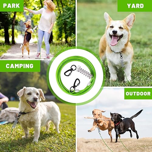 Miniatura 7 de Cable de amarre para perros de 1015202530 pies para patio, alambre de acero con clips superiores duraderos, cadenas verdes, resistentes para perros