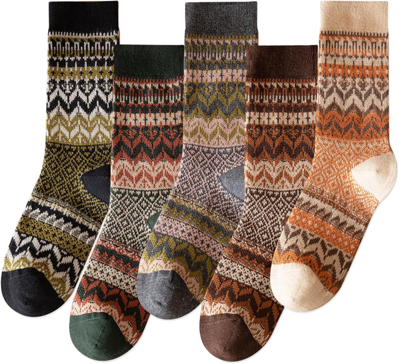 IIG 3-5 Pairs Womens Vintage Cozy Crew Socks Soft Cute Neutral Cotton Socks Exquisite Patterns Socks Gift