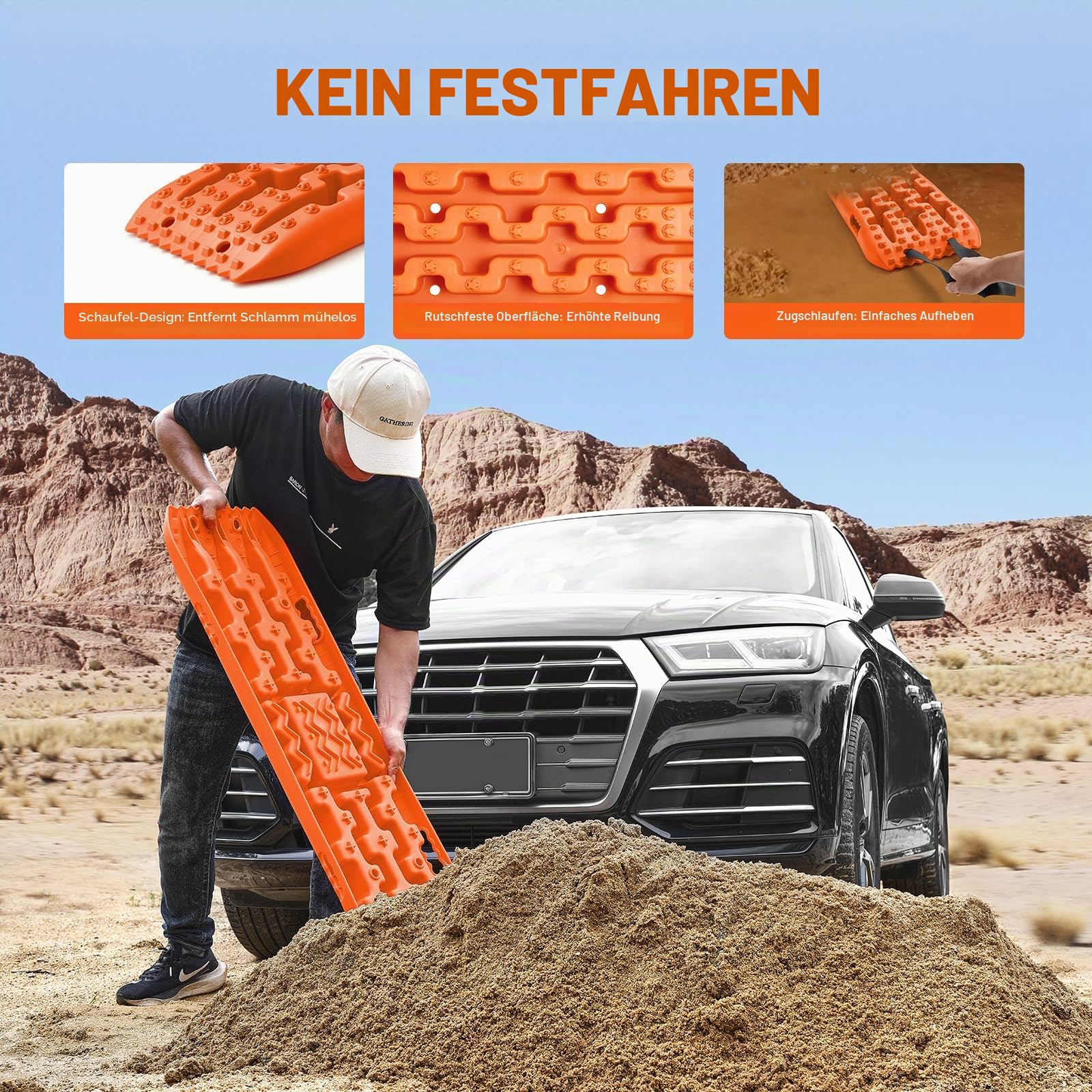 VEVOR 10 TONNEN Traktionsbretter mit PP-Material, Bergungsbretter für Geländefahrzeuge/Autos/Pickups/SUVs/Wohnmobile, Paar Reifen-Traktionsmatten auf Schnee, Sand, Schlamm und losem Untergrund