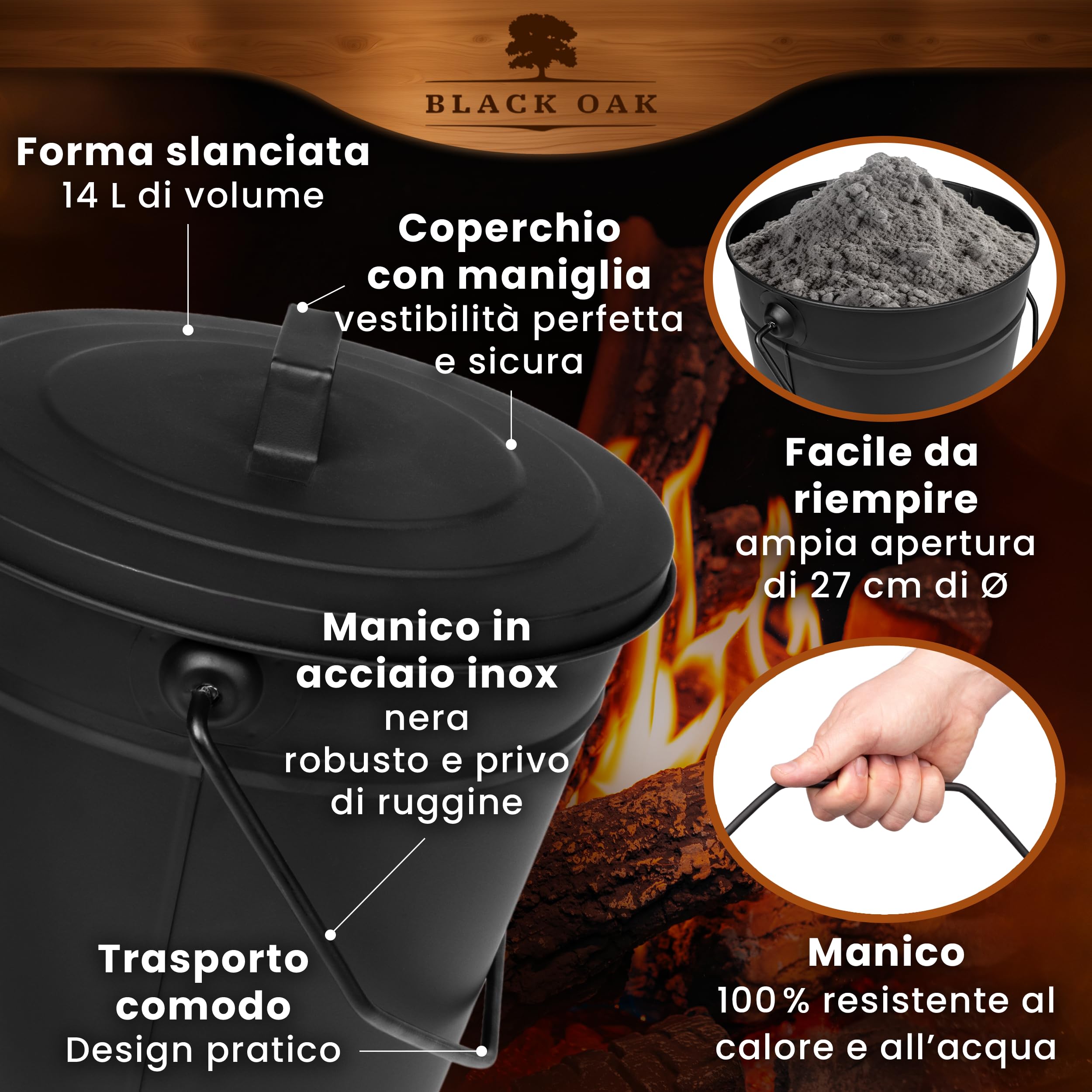 BLACK OAK Etna - Secchio per cenere, 14 l, set di paletta e scopa, colore nero, rotondo, con coperchio, grande, 14 litri, in acciaio zincato a prova di fuoco, verniciato a polvere, per cenere e