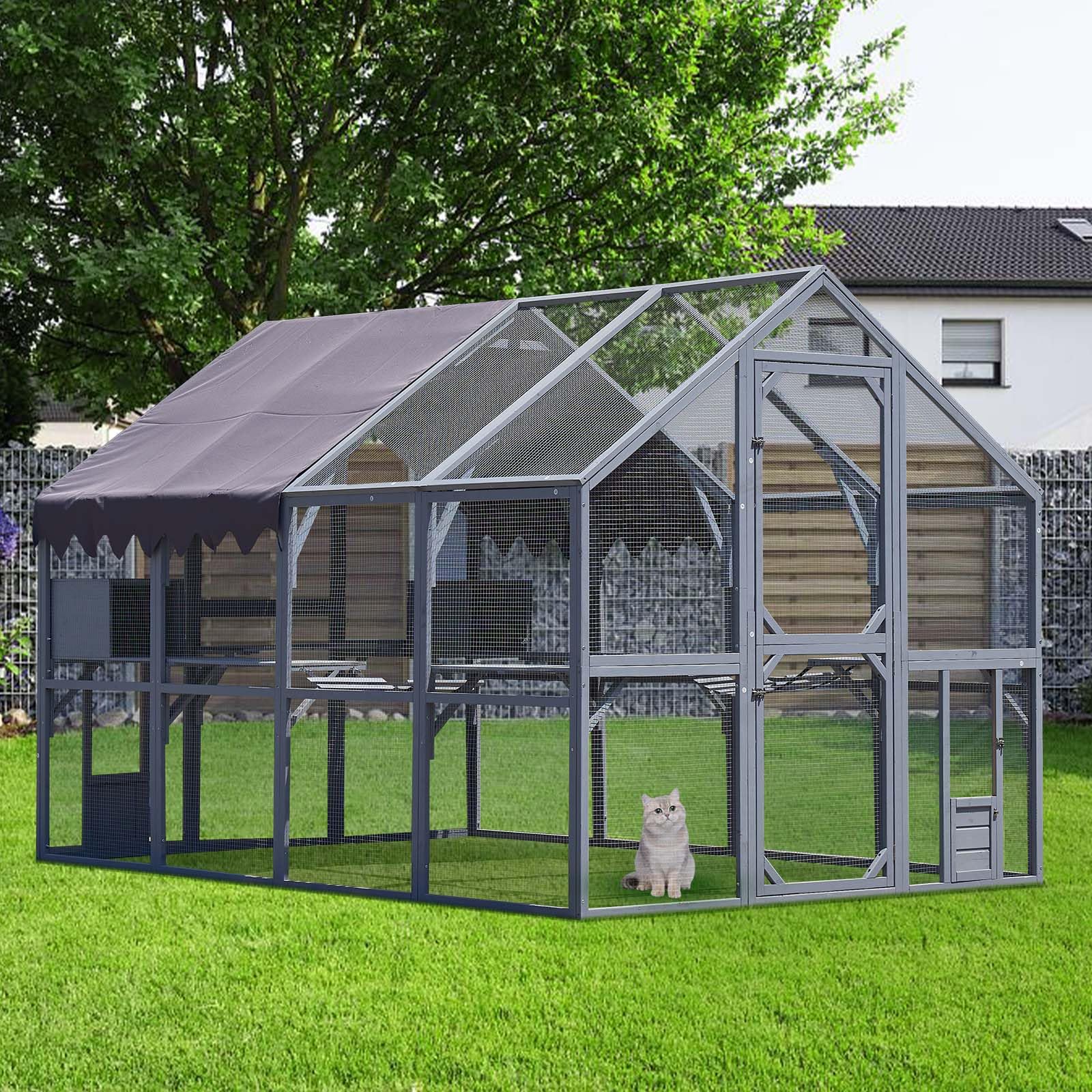 9.25Ft Cat Run Large Walking Catio, Cat Run Outdoor Cat Enclosure for Multiple Cats, Wooden Outside Cat House with Waterproof Cover, Bridges, Walks (111''L×74''W×72''H)