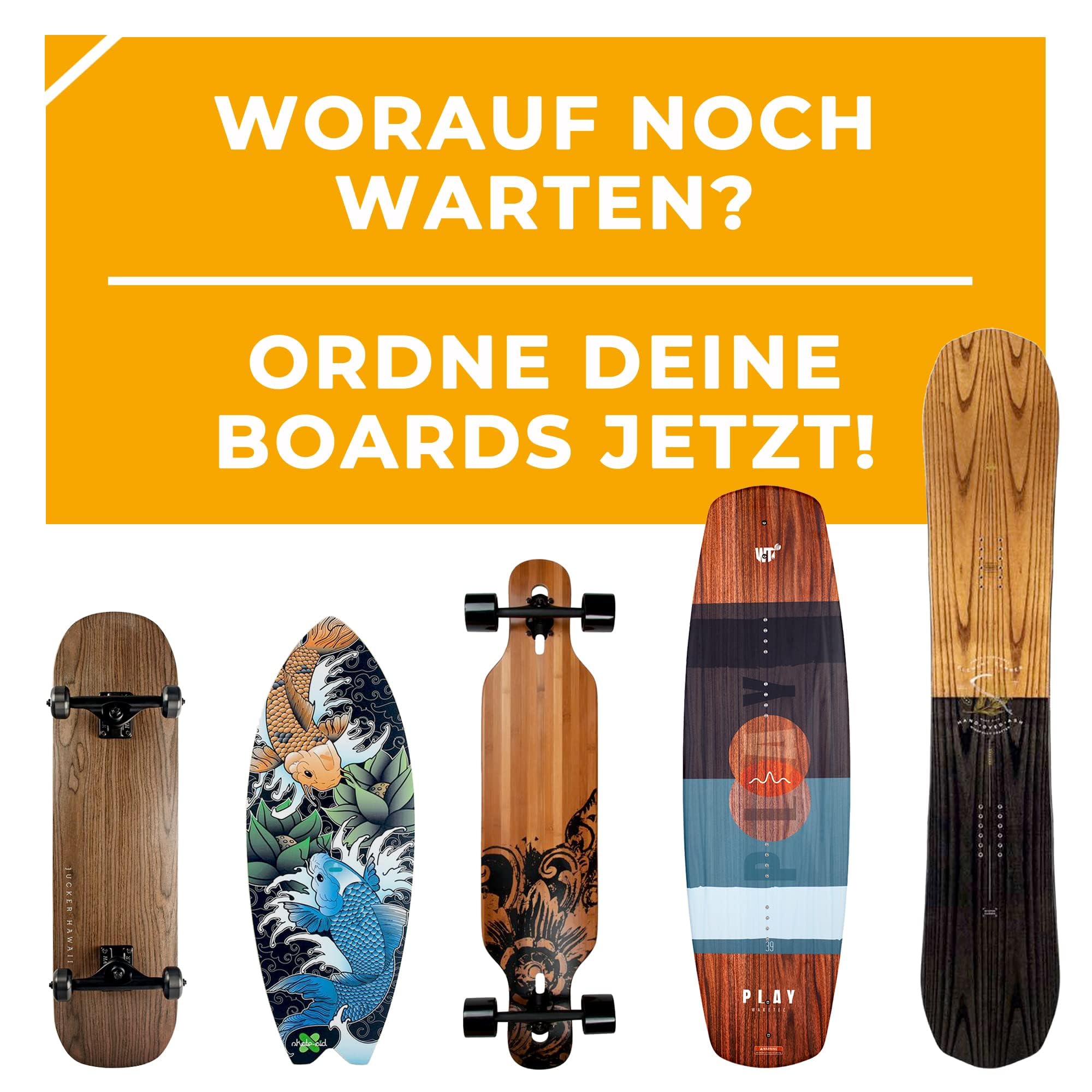 JUCKER HAWAII Wandhalterungen für Skateboard, Longboard, Balanceboard, Snowboard, Wakeboard | Halterung für die Wand aus Holz in verschiedenen Designs