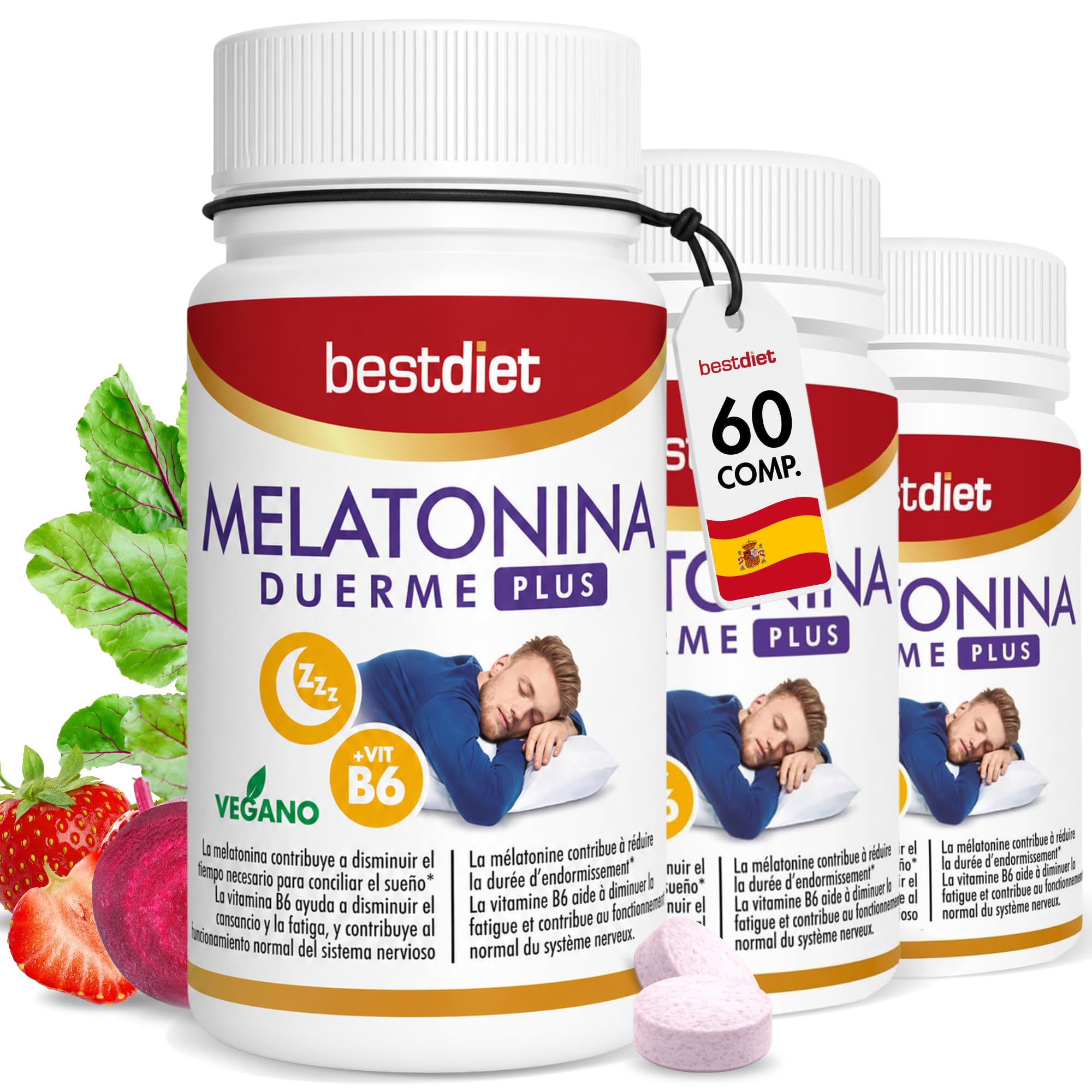 Bestdiet - Melatonine à croquer, vitamine B6 pour favoriser le sommeil profond et le fonctionnement du système nerveux, comprimés pour dormir, végétalien, sans gluten, paquet de 3 pots de 60 comprimés