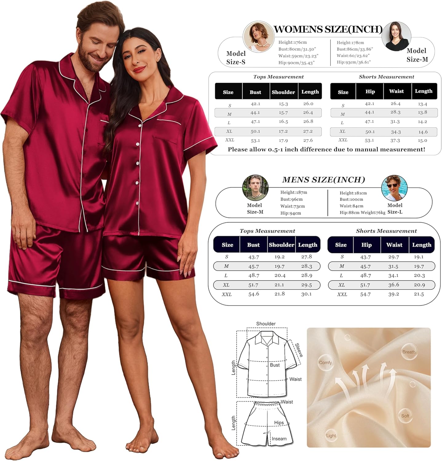 Ekouaer Couple Matching Pajamas Sets Silk Short Sleeve Button Down Sleepwear Satin Pjs Shorts Set Soft Lounge Set S-XXL - Image 5