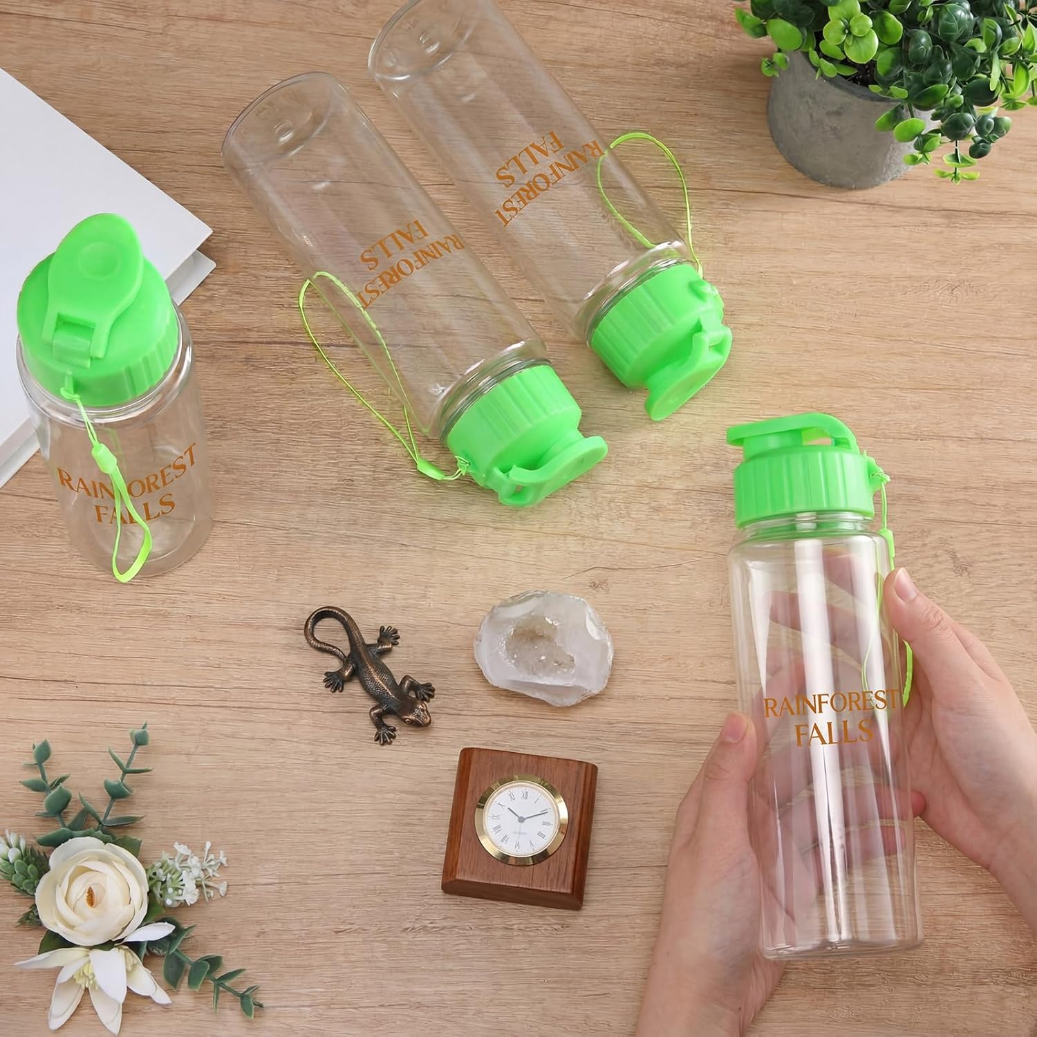 12 Set VBS 2026 Rainforest Falls Themed Plastic Water Bottles and Stickers Kit Water Bottle with Handle Strap Leak Proof Flip Exploring The Nature of God Summer for Vacation Bible School