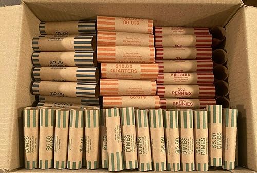 160 rollos de envoltorios de monedas preformados surtidos de 50 cuartos, 50 centavos, 30 níquel, 30 centavos