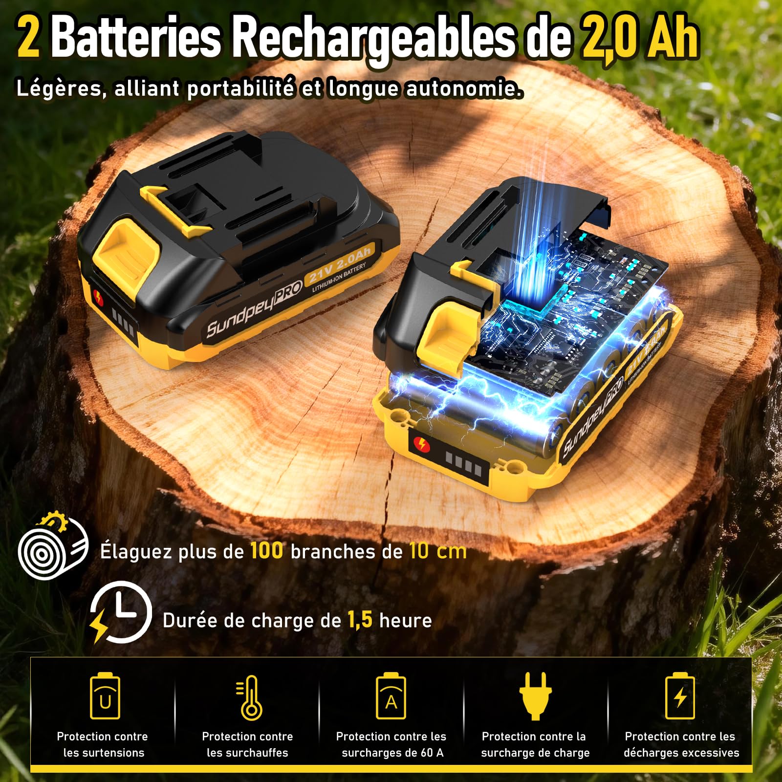 8 & 6 Pouces Mini Tronconneuse a Batterie, 21V Brushless Tronconneuse Electrique sans Fil avec 2×2.0Ah Batteries, Tension de Chaîne sans Outil, Système D'huile, pour le Jardinage