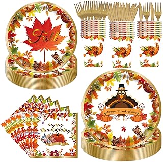 144Pcs Thanksgiving Party Supplies, Thanksgiving Plates and Napkins Set for 24 Guests, Fall Pumpkin Turkey Friendsgiving Party Tableware Set for Autumn Thanksgiving Dinner Party Decorations