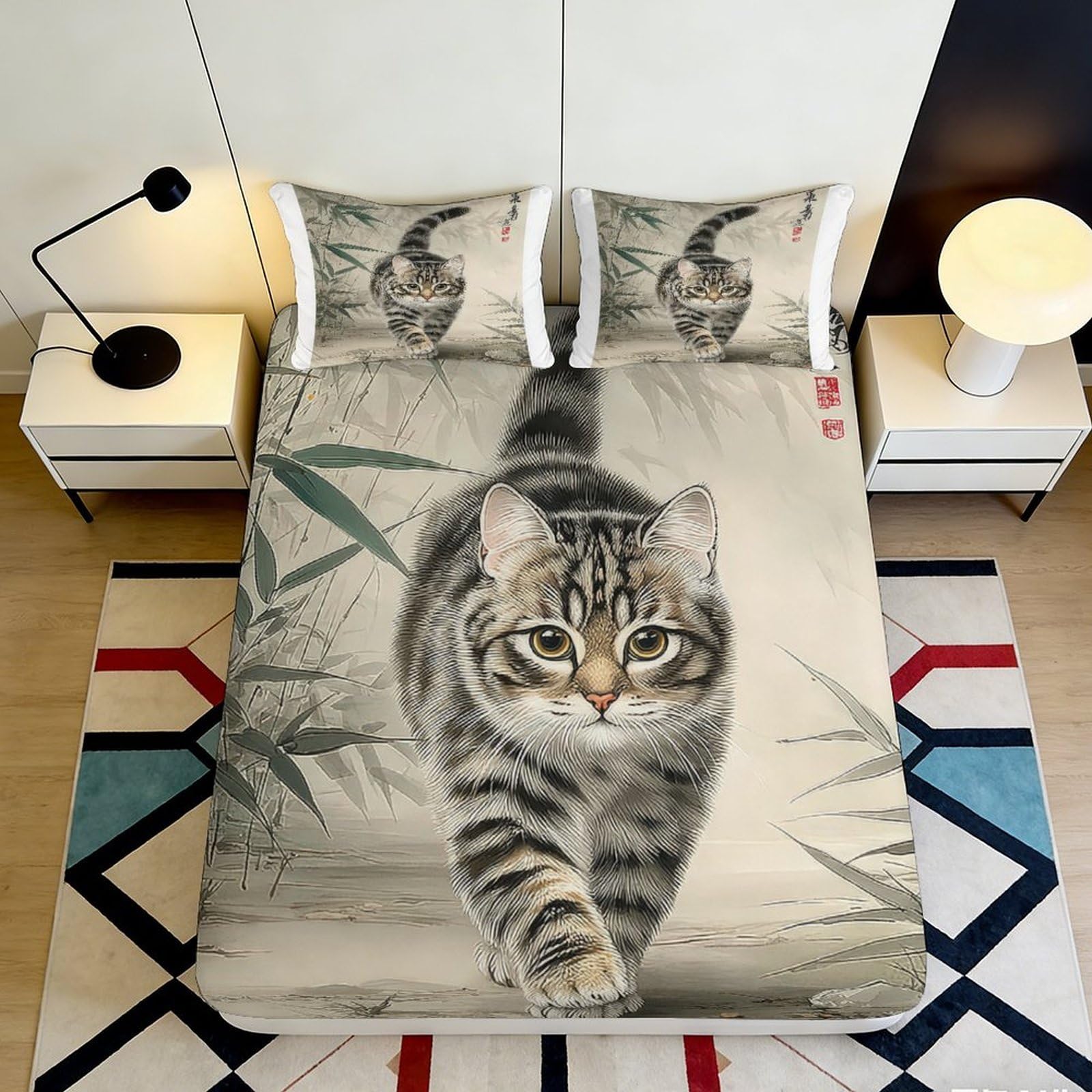 3D Printed Realistic Tabby Cat Fitted Sheet Microfiber Soft Anti-Slip Bamboo Painting Mattress Cover Bedroom Decor 120x200x25cm