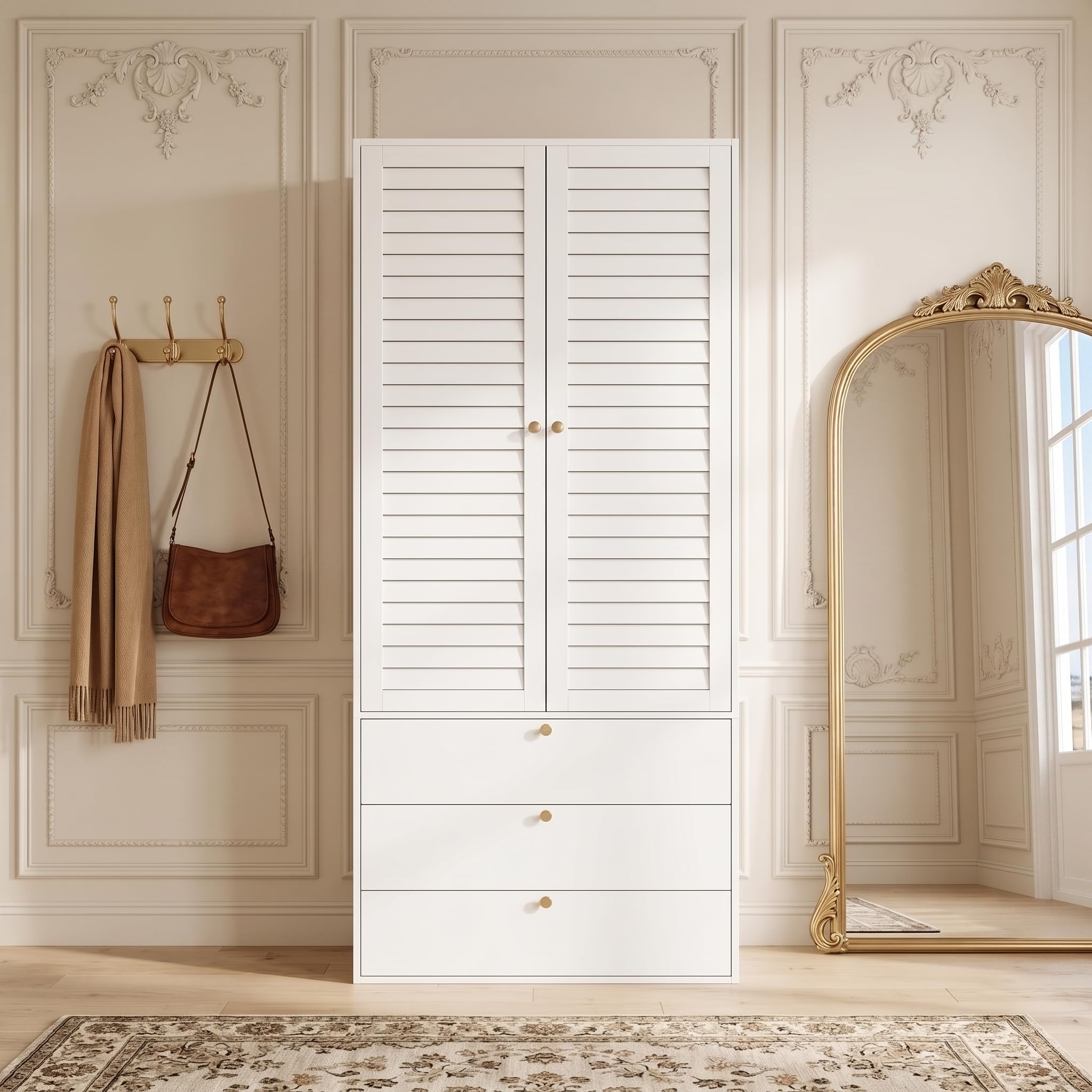 Armadio bianco, 90 x 50 x 200 cm, 2 ante a lamelle, 3 cassetti