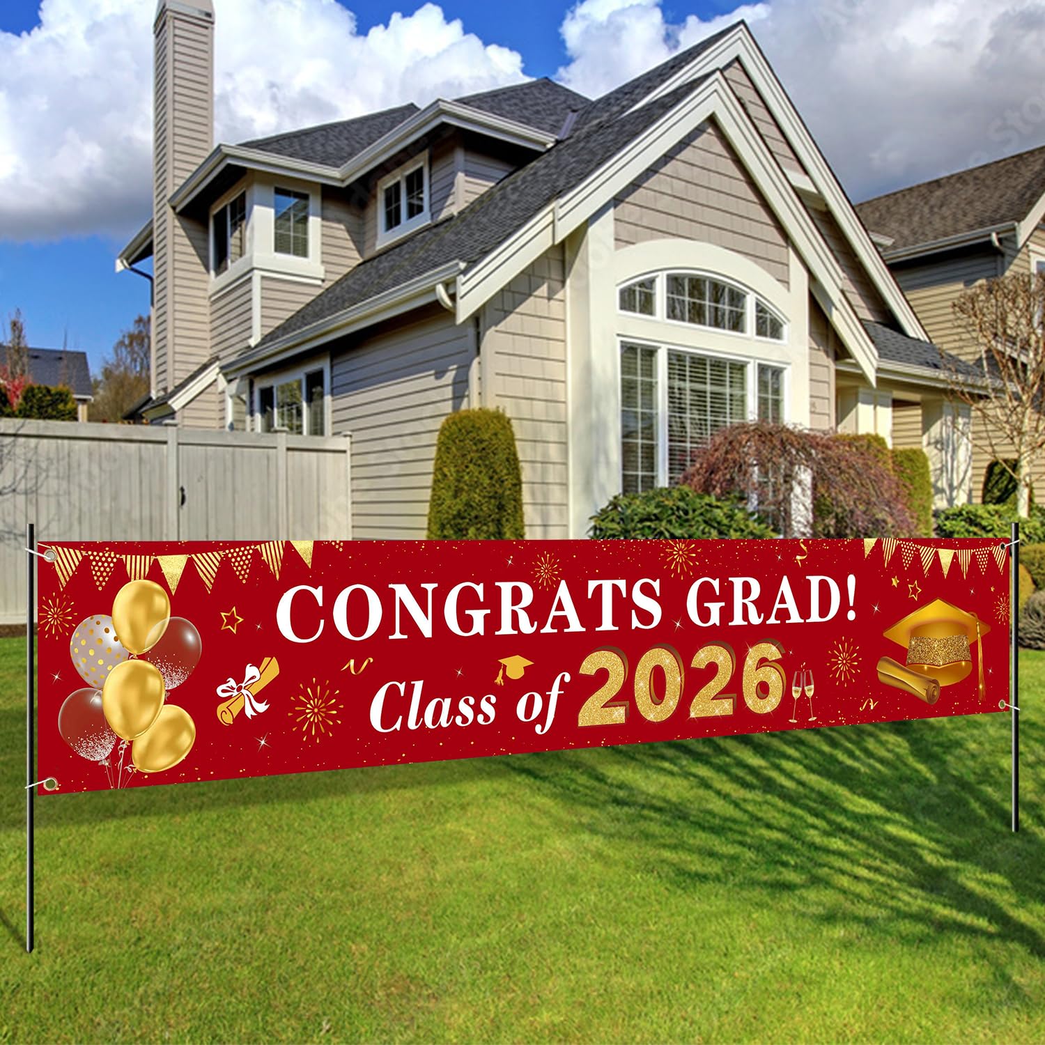 Photo 1 of 2026 Graduation Decorations Congrats Grad Class of 2026 Banner - Red and Gold Graduation Yard Sign Backdrop Hanging Decorations for Indoor Outdoor 2026 Graduation Party Supplies