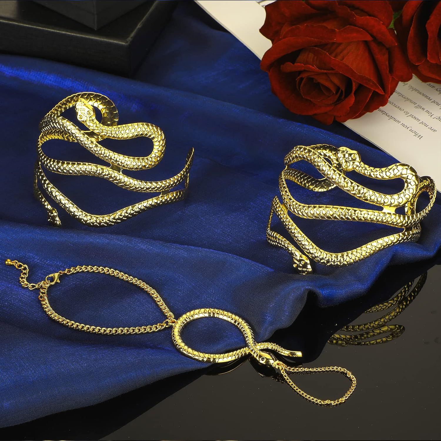 Sureio 4 Pieces Halloween Cleopatra Costume Women Egyptian Headpiece Accessories Egyptian Tassel Rhinestone Headpiece Snake Arm Cuff Gold Finger Ring and Hand Chain Bracelet - Image 6