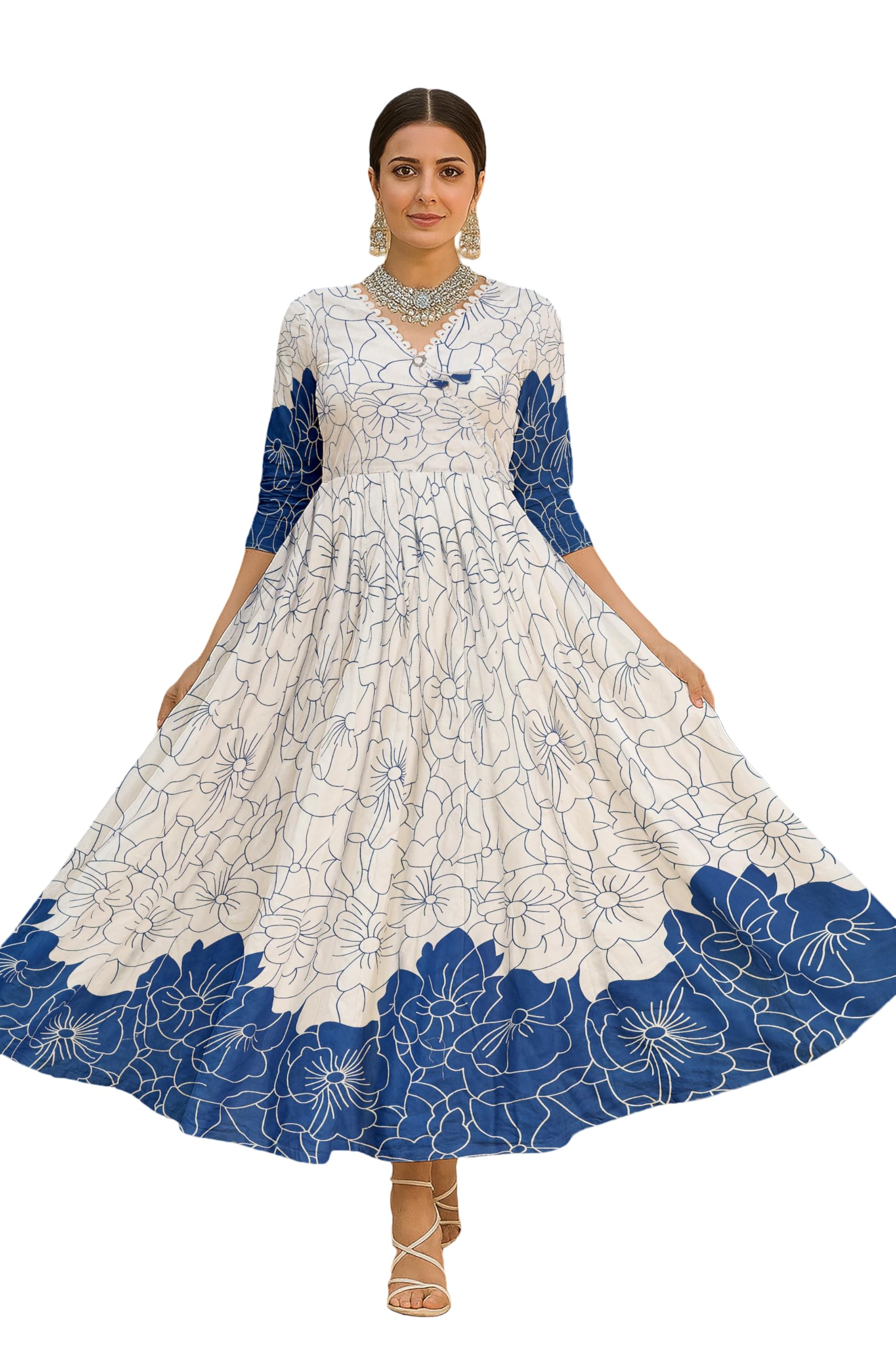 Women Floral Printed Anarkali Gown, Ethnic Flared Maxi Dress, 3/4 Sleeves, Stylish Traditional Long Kurti-image-15