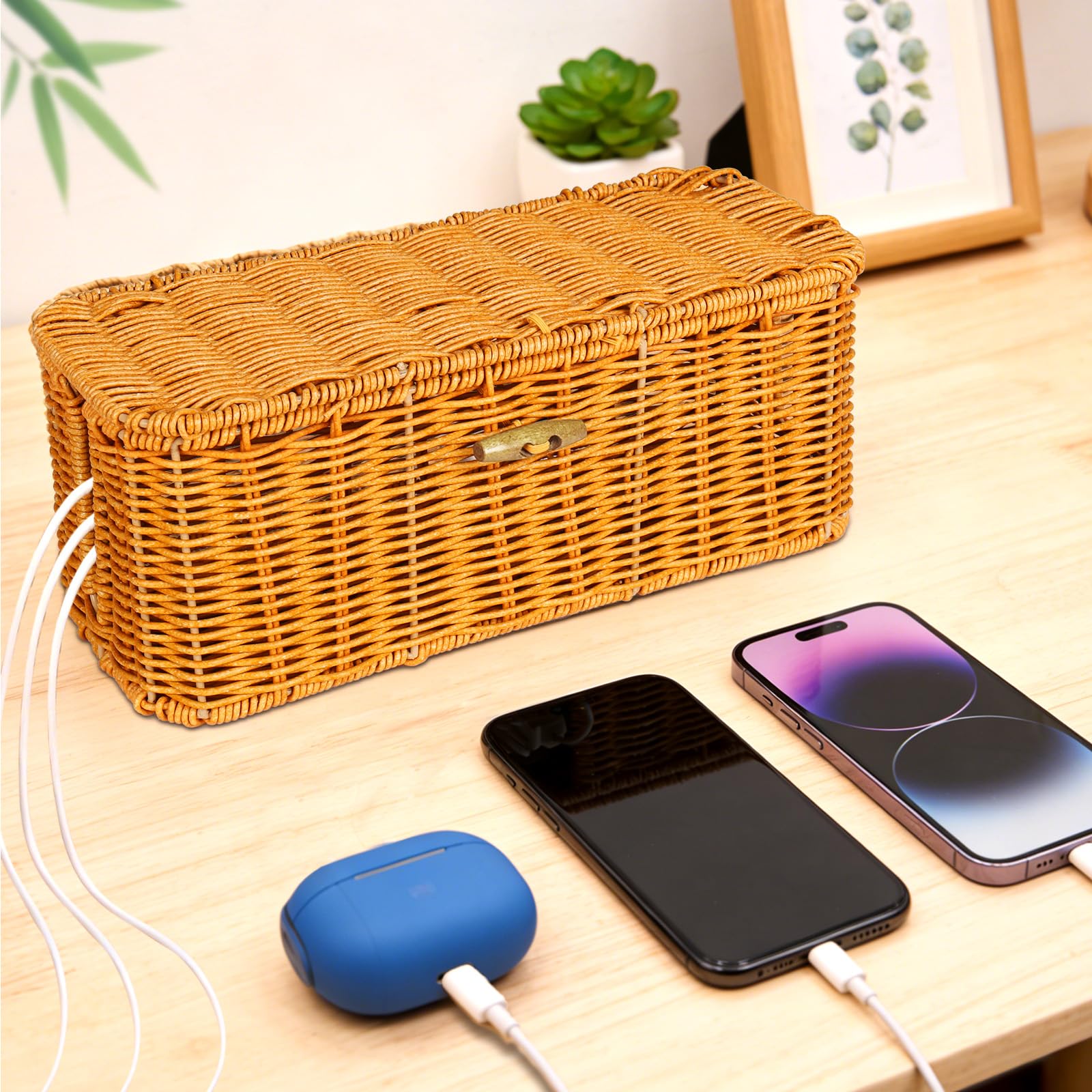 2 cajas de gestión de cables de ratán tejidas a mano, caja organizadora de cables con tapa, cesta oculta de cables de ranura abierta, caja de almacenamiento decorativa para ocultar computadoras