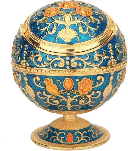 Cigarettes Ashtray with Lid, Metal Portable Windproof Ashtray for Outdoors Indoors, Smoking Ash tray Holder Nice Gift for Men Women(Blue-Gold Rose)