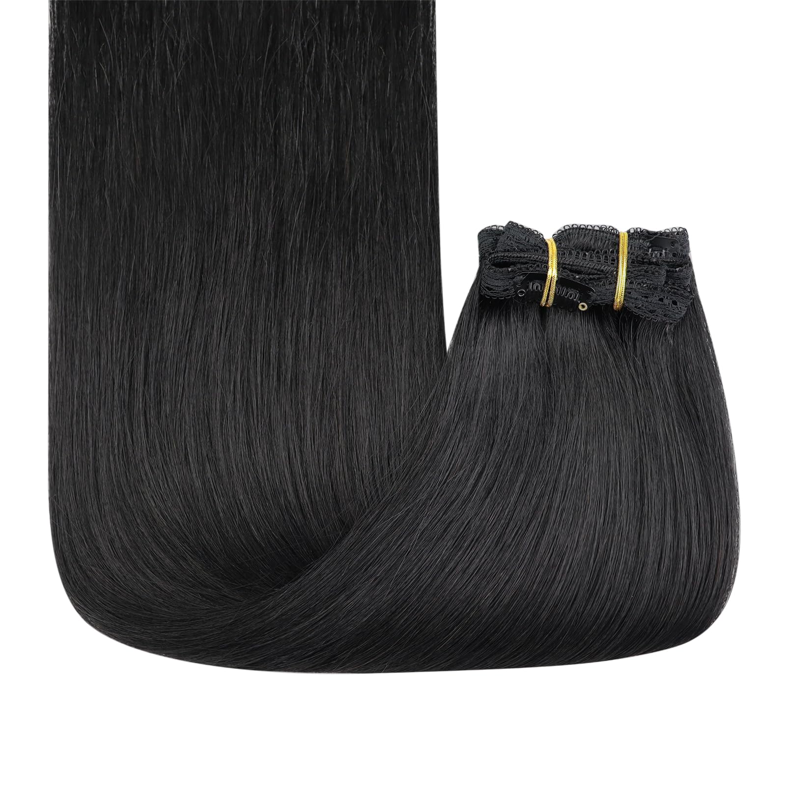 Clip in Extensions Echthaar Tiefschwarz, 7 Stücke 120 g, 60 cm, natürlich, schonend für Eigenhaar, Echthaar Extensions Clip, Farbe 1