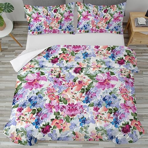 Miniatura 4 de Juego de edredón colorido para cama de tamaño King, juegos de ropa de cama de flores rosas y moradas, esponjosas, coloridas y plantas, para todas